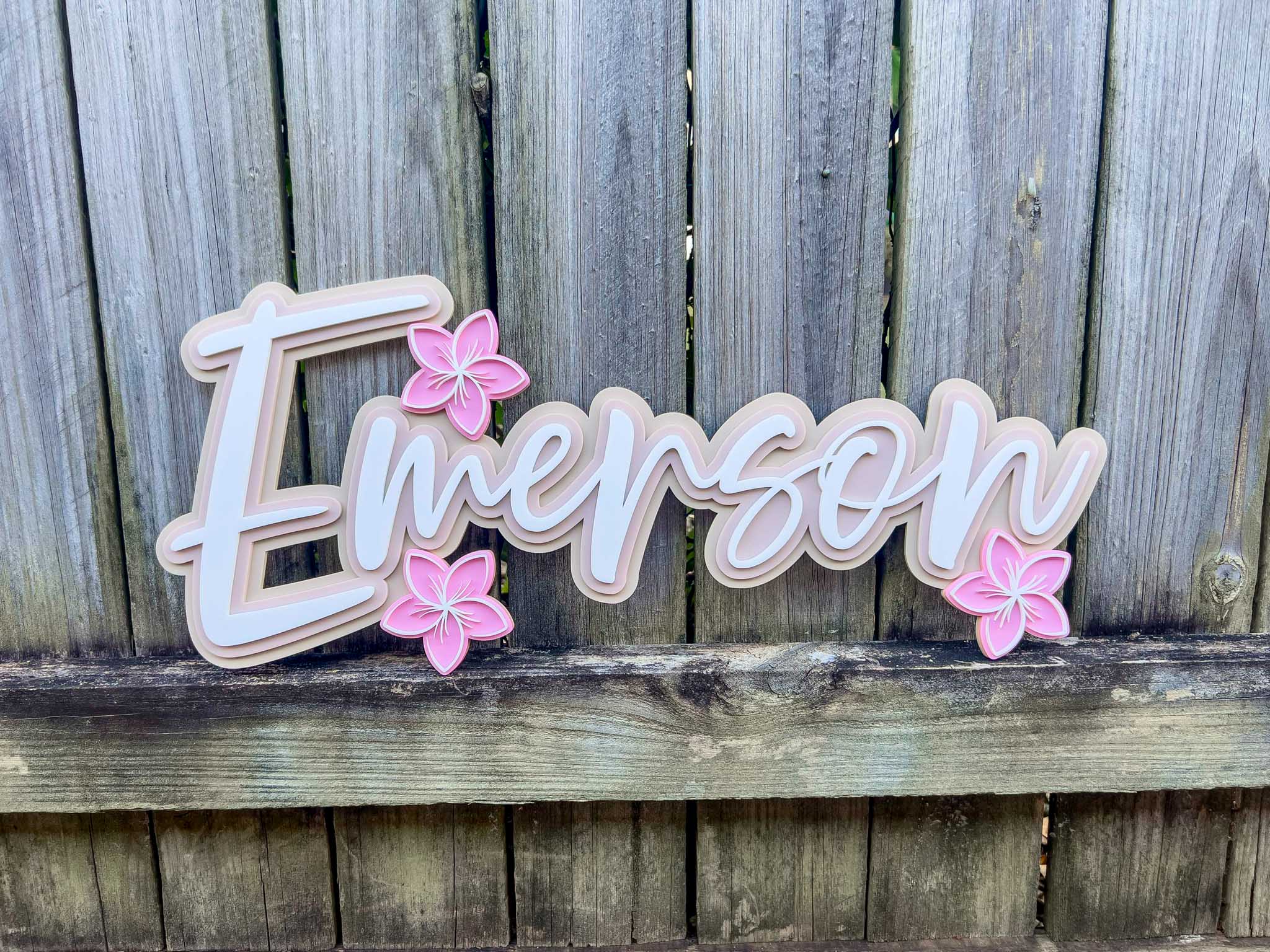 Hawaii beach style custom 'Emerson' name plaque in beautiful natural earth tones with pink frangipanis