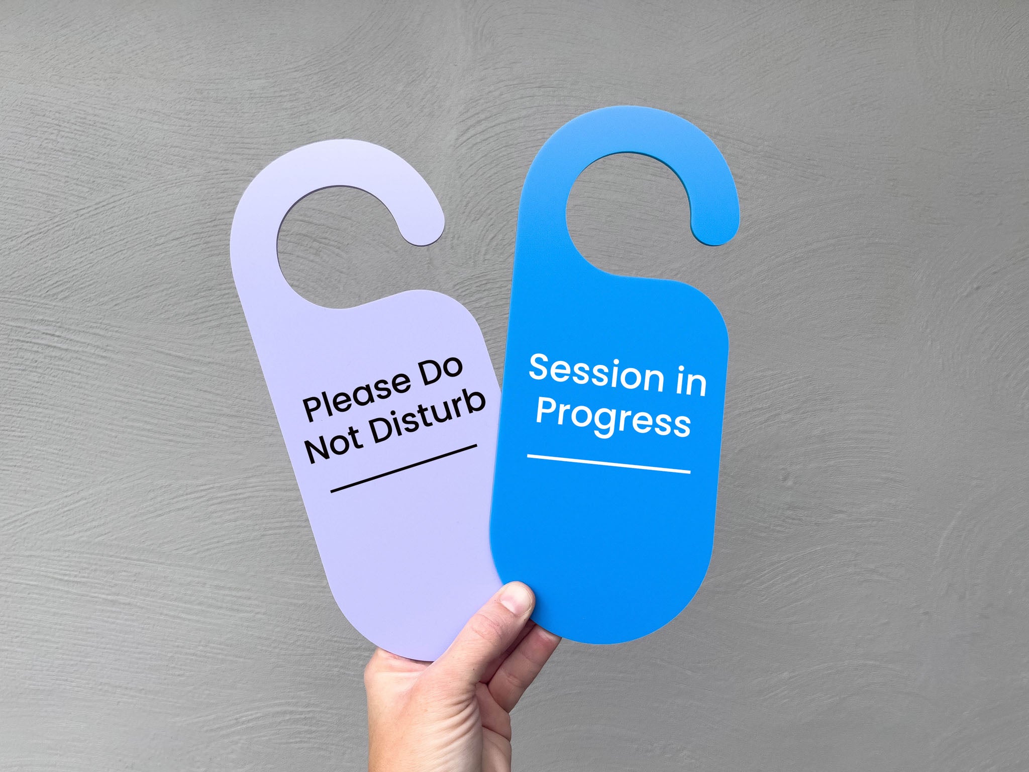 Custom made 'Session in Progress' & 'Please Do Not Disturb' door hangers for a private studio.