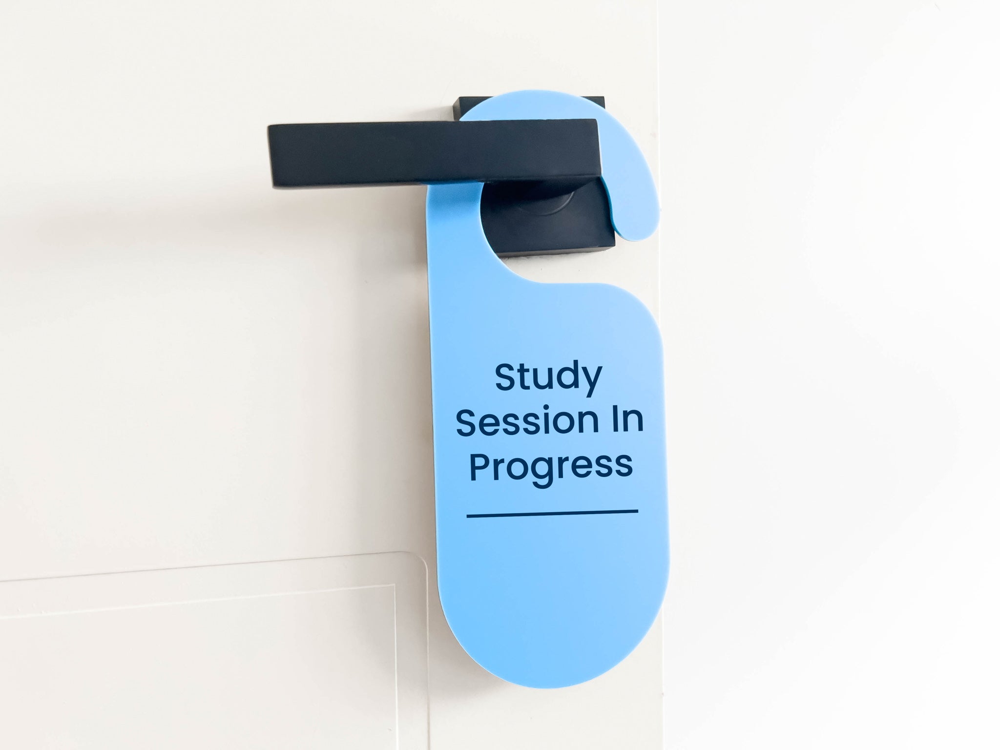 Personalised light blue, custom printed door hanger that reads 'Study Session In Progress'.