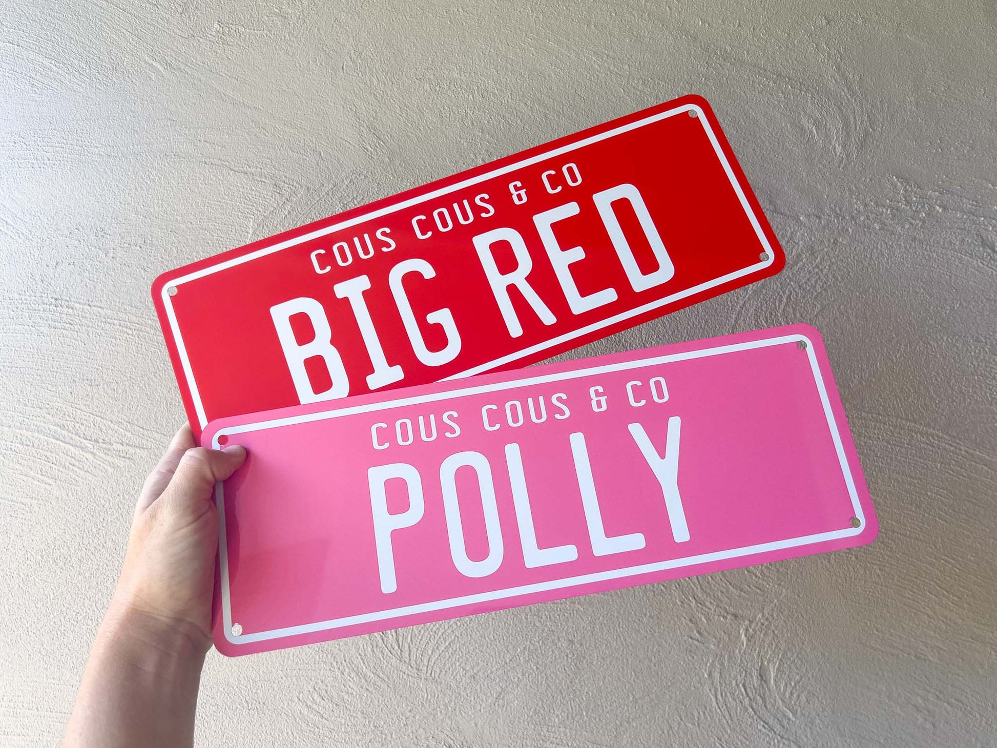 Two number plate style signs in red and pink with white text that read 'BIG RED' & 'POLLY'.
