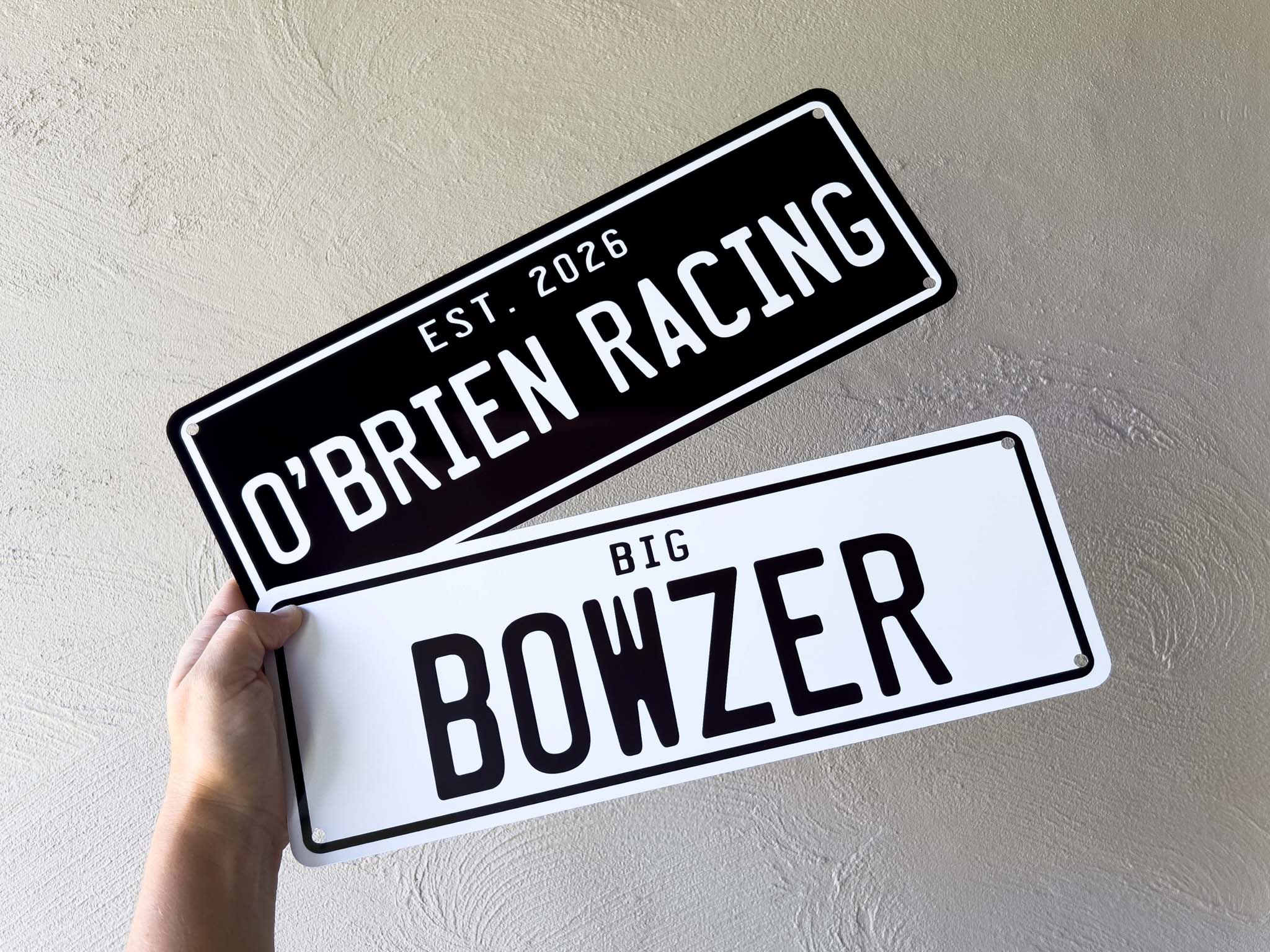 Two novelty black and white license plates held by a hand against a light background
