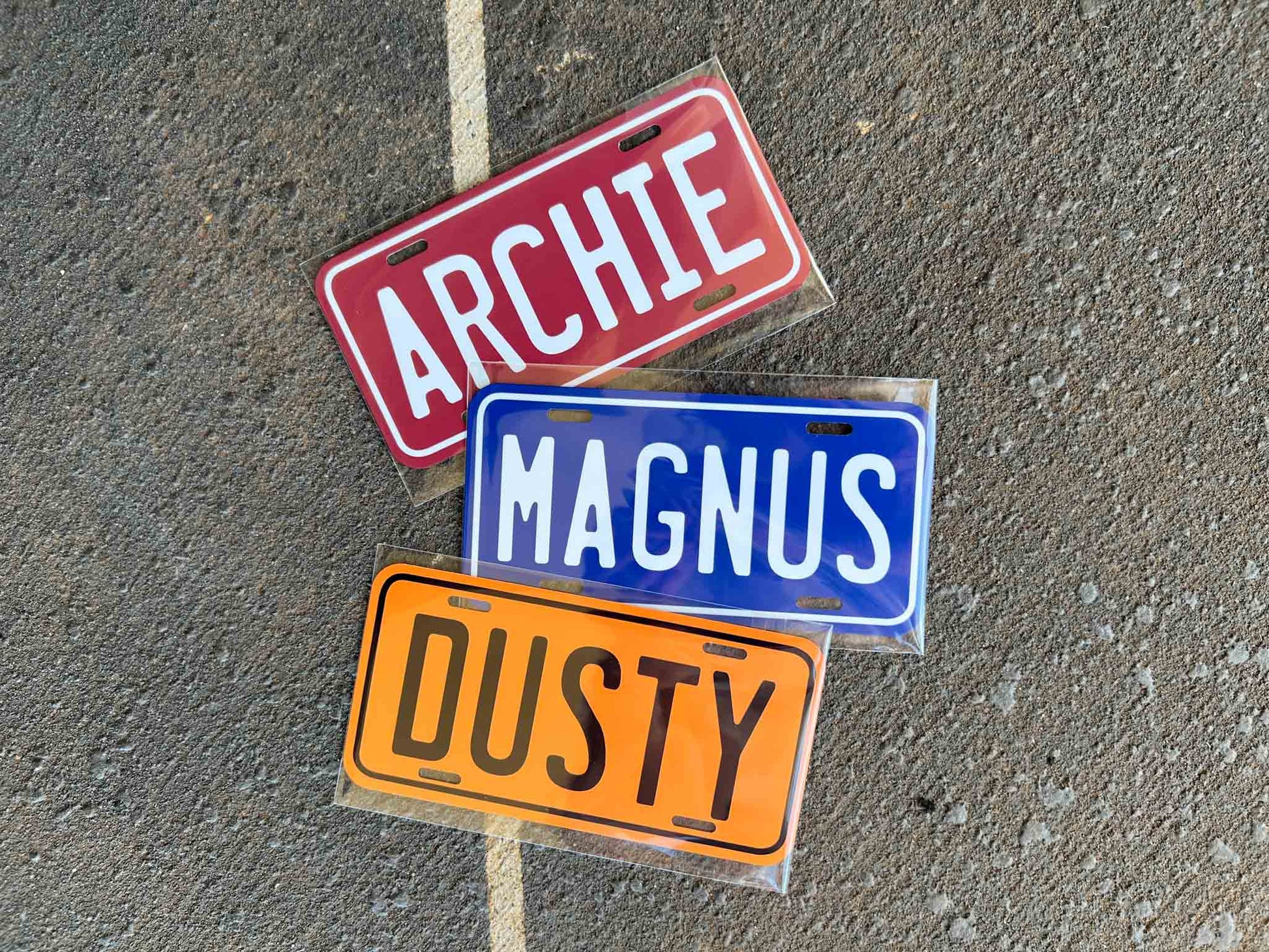 Three license plate-style name plates with names 'ARCHIE', 'MAGNUS', and 'DUSTY' on a textured surface.