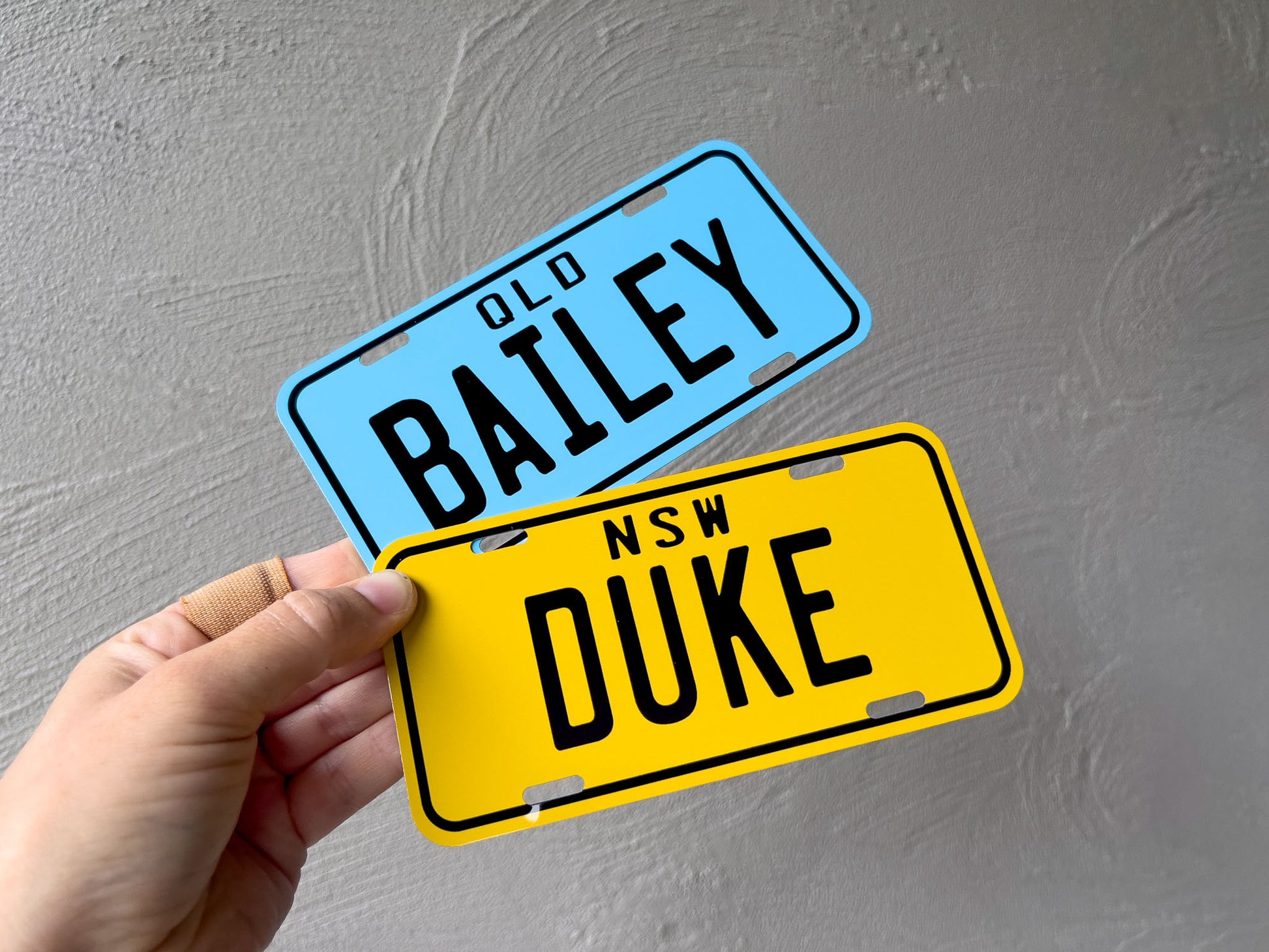 Two novelty mini number plates held against a grey background