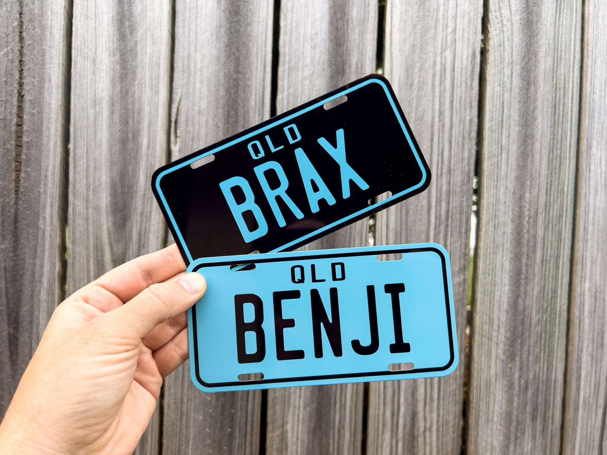 Two novelty license plates with 'Qld Brax' and 'Qld Benji' text held against a wooden background.