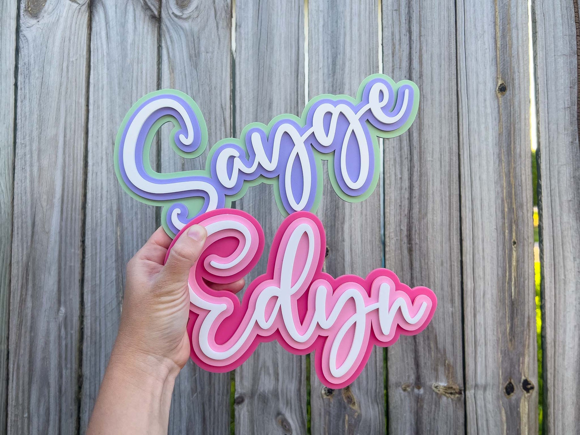 Hand holding a colourful name sign against a wooden fence background that says 'Sayge' & 'Edyn'.