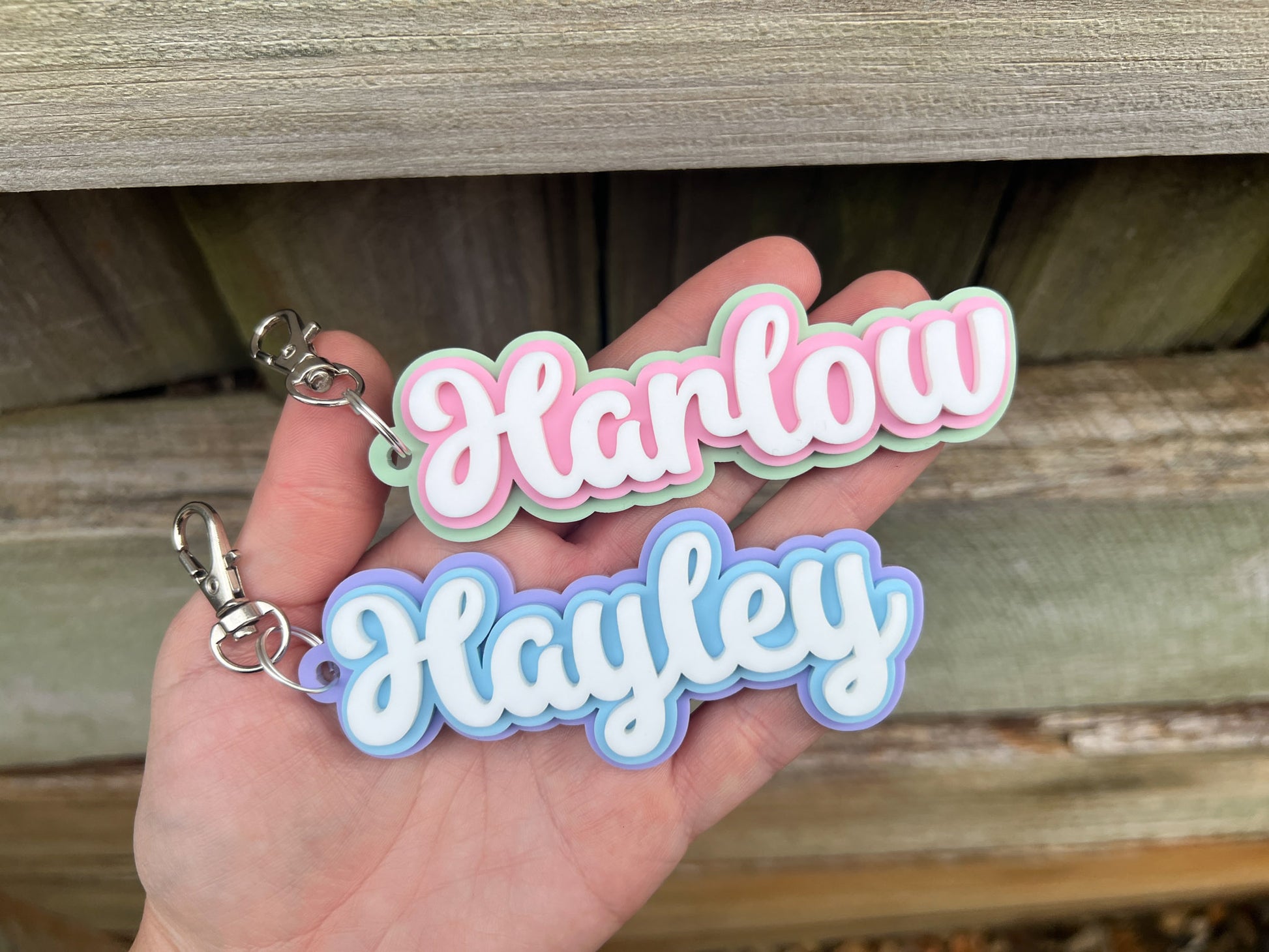 Tropical paradise-style 3D acrylic keychains 'Harlow' & 'Hayley' in beautiful multi-colours.