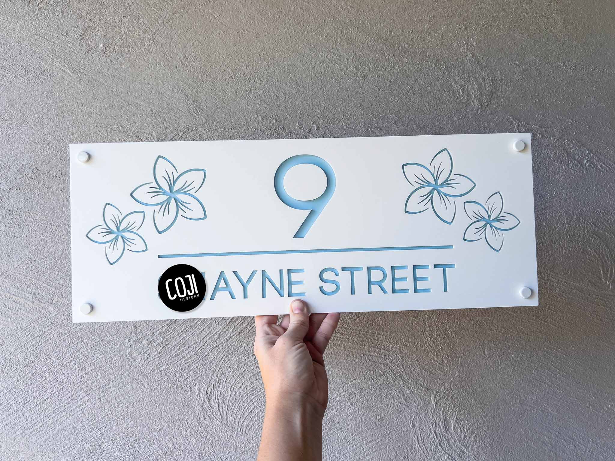 Custom made white and light blue frangipani street address house sign