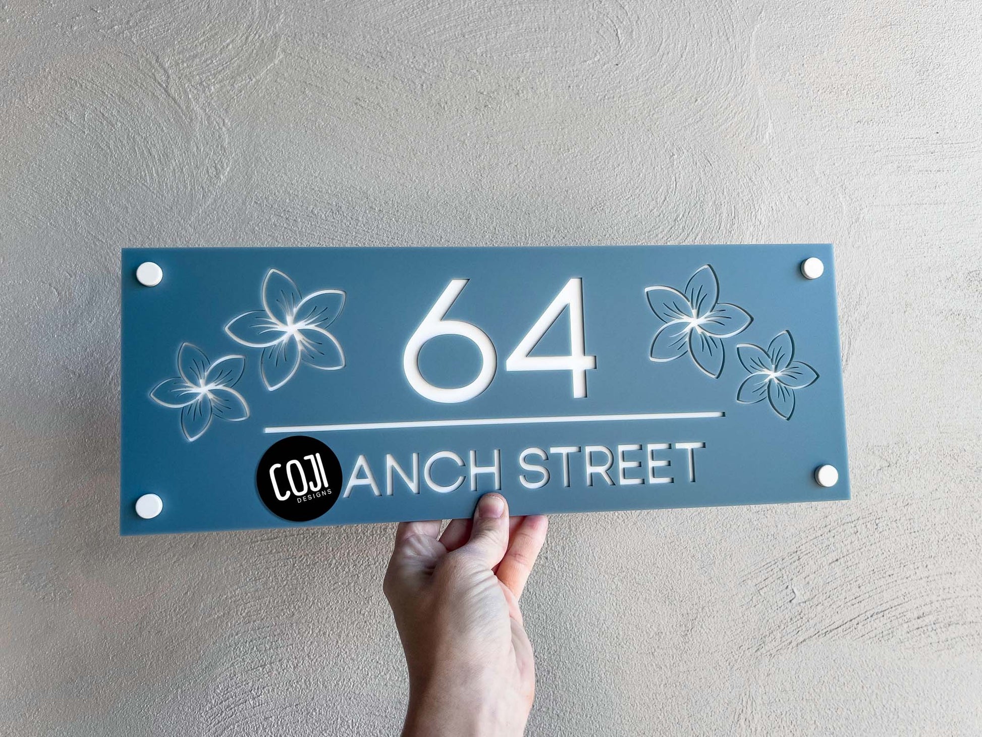 Personliased dusty sea blue and white address sign with frangipanis