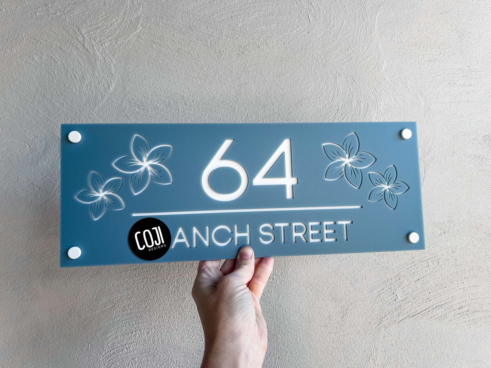 Personliased dusty sea blue and white address sign with frangipanis