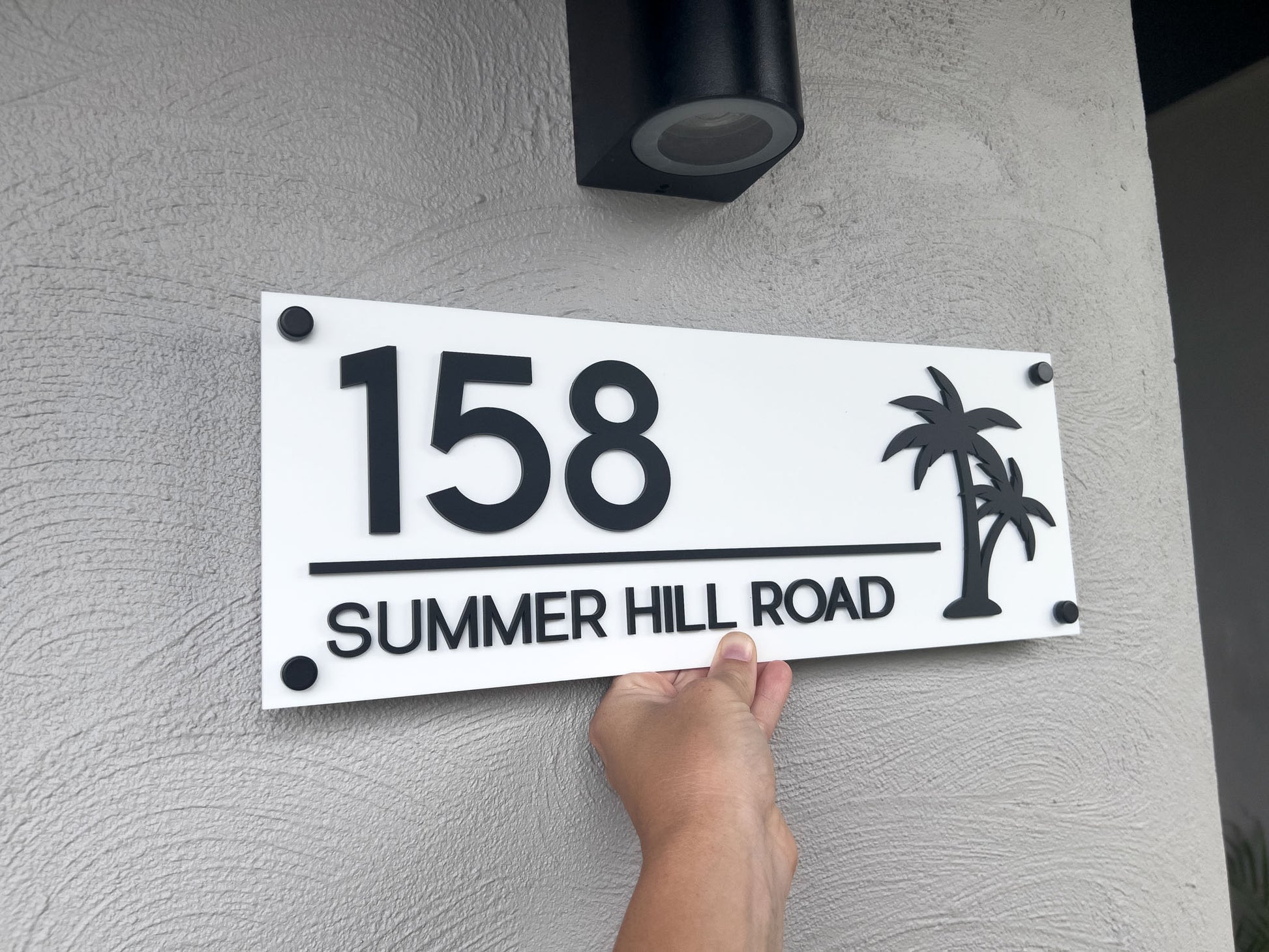 Custom acrylic 3D tropical palm tree street address sign that reads '158 SUMMER HILL ROAD'.