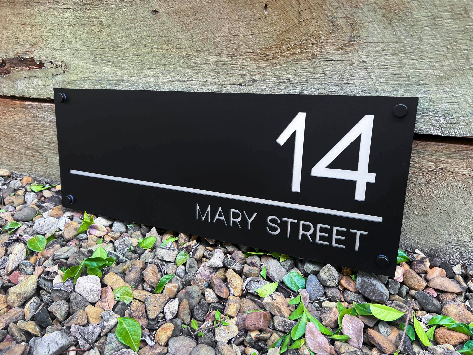 Custom 3D acrylic modern rectangle street address sign in black and white with the number '14'.