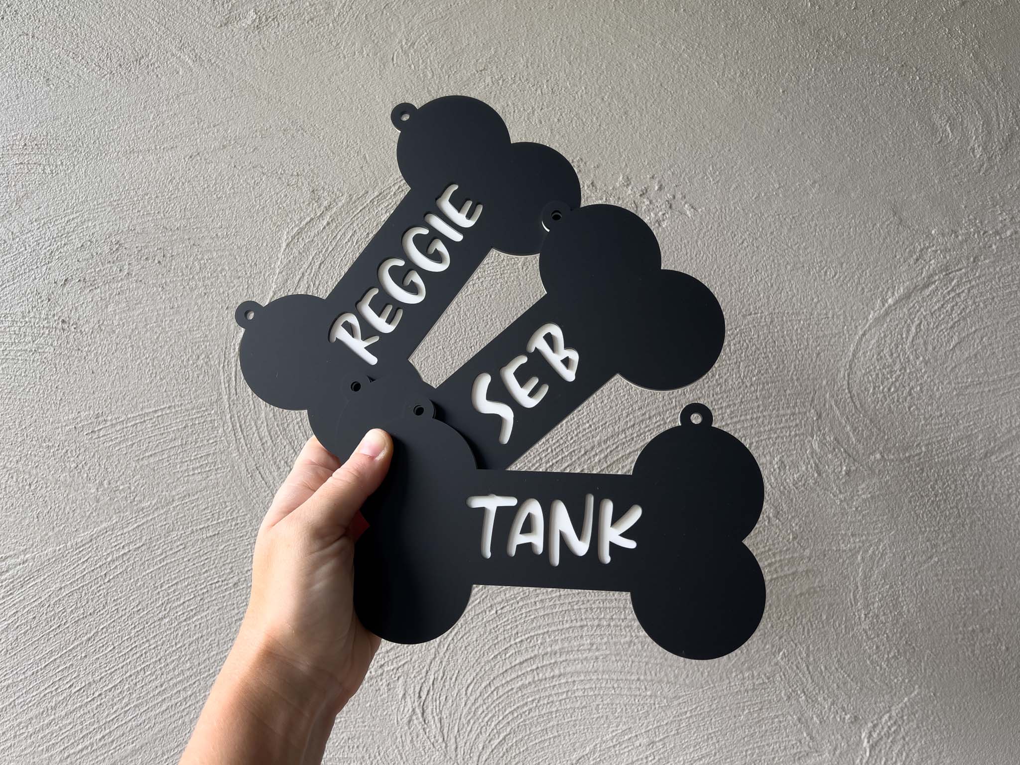 Three black bone-shaped pet tag with names 'Reggie', 'Seb', and 'Tank' on a grey background