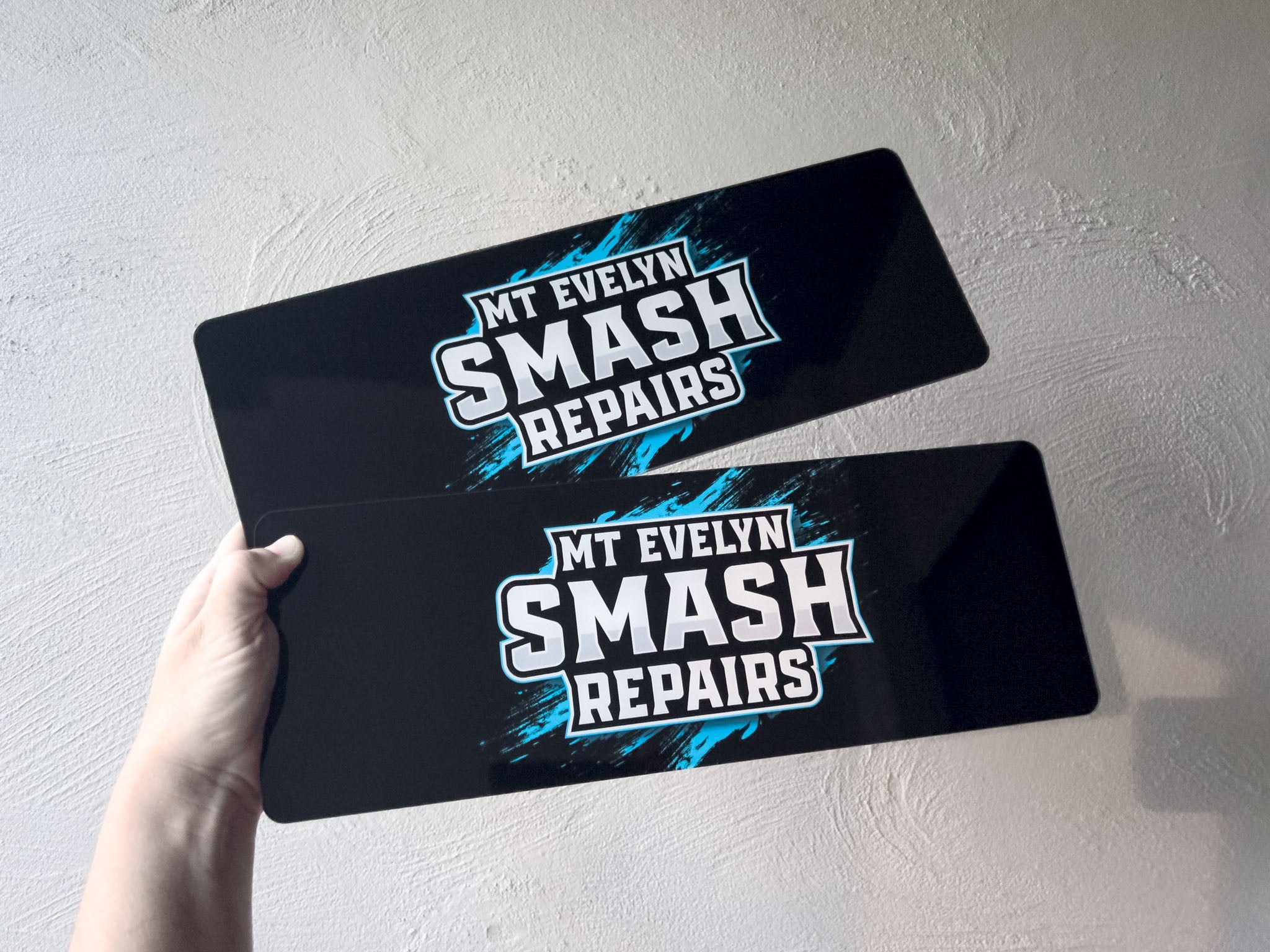 Two Smash Repair logo plates printed high gloss acrylic