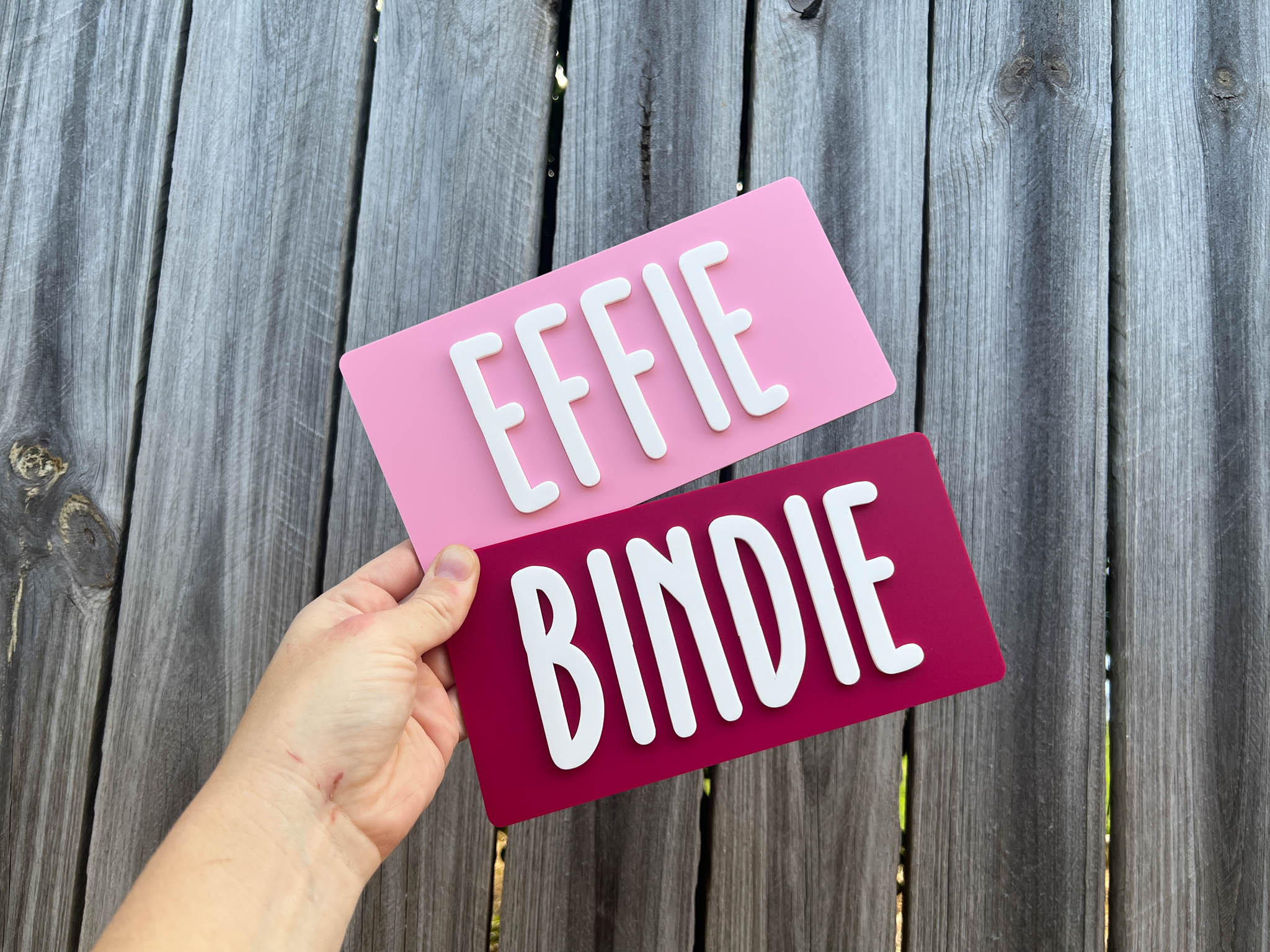 Two signs with 'EFFIE' and 'BINDIE' text held against a wooden fence background.