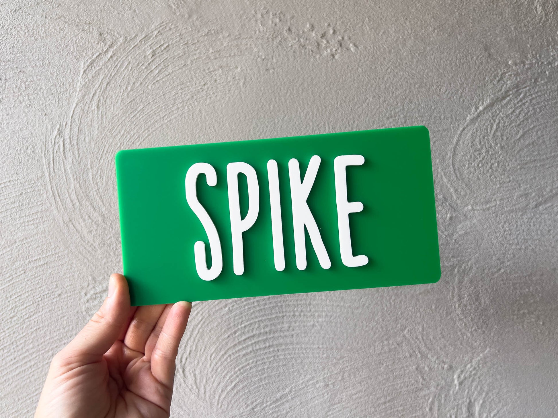 Hand holding a green sign with 'SPIKE' on a textured gray background