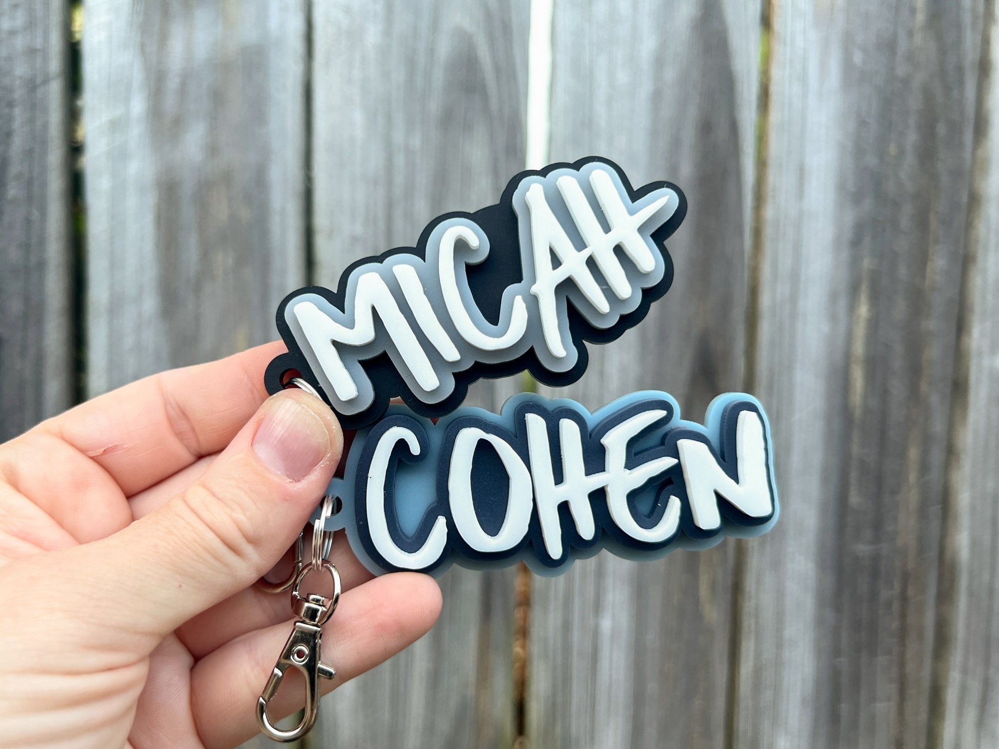 Classic carve wave style 3D acrylic keychains custom made with 'Micah' & 'Cohen'.