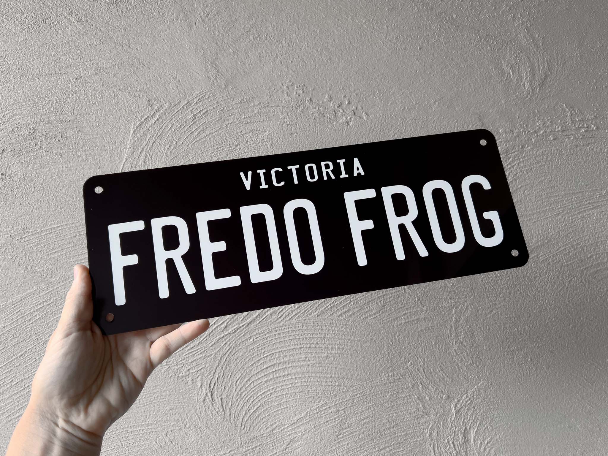 Hand holding a black sign with 'FREDO FROG' and 'VICTORIA' text against a gray wall.