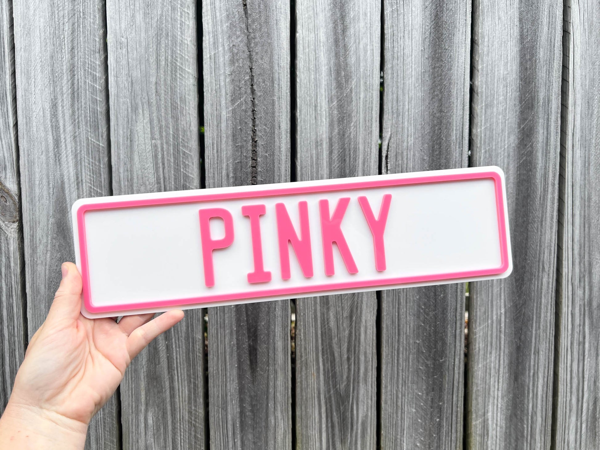 A personalised novelty plate style sign that say 'PINKY' in white and pink.