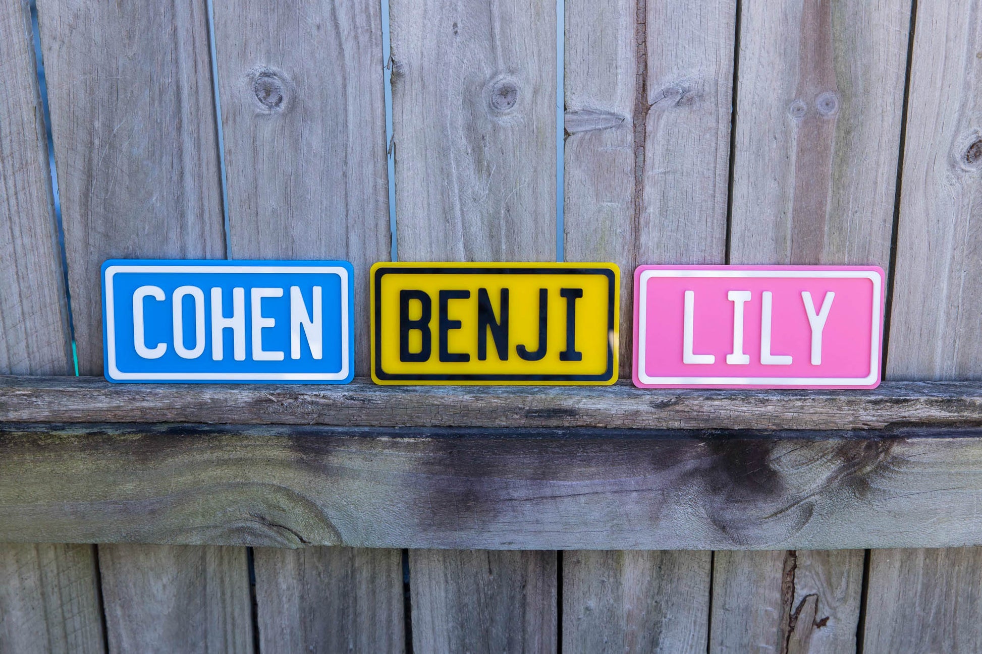 Three personalised nameplates labelled 'COHEN', 'BENJI', and 'LILY' used for kids' bedroom door plaques.