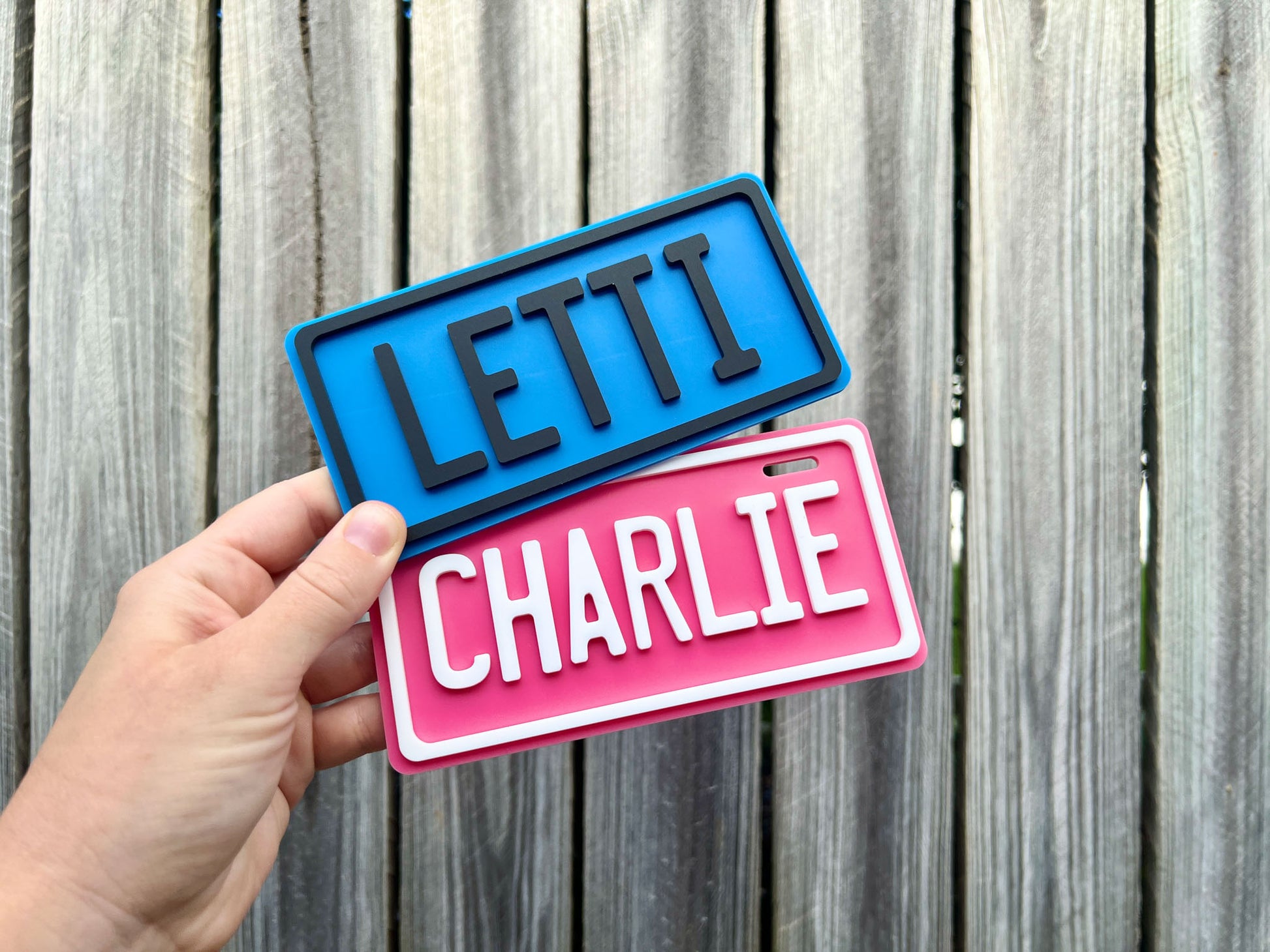 Two name plates, one blue with 'LETTI' and one pink with 'CHARLIE', held against a wooden background.
