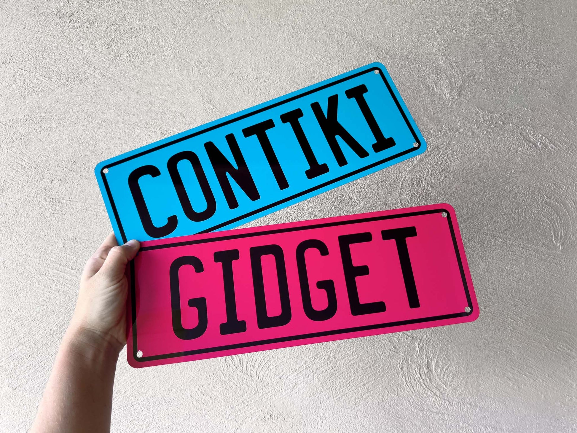 Two license plate-style signs, one blue and one pink, held against a light grey background.