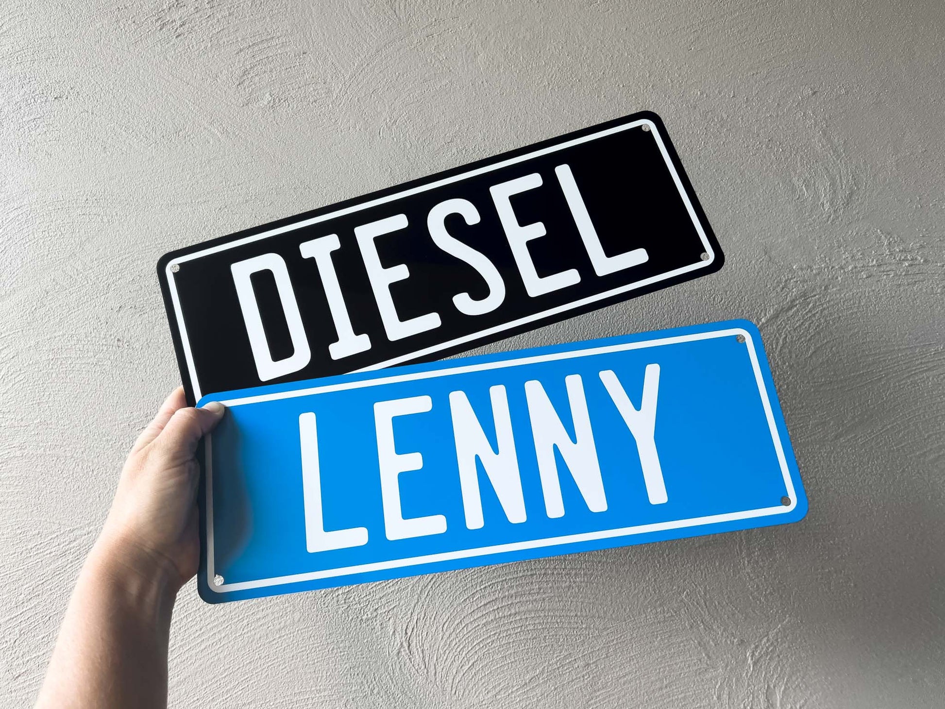 Two novelty number plates, one black with 'DIESEL' and one blue with 'LENNY', held against a light gray background.