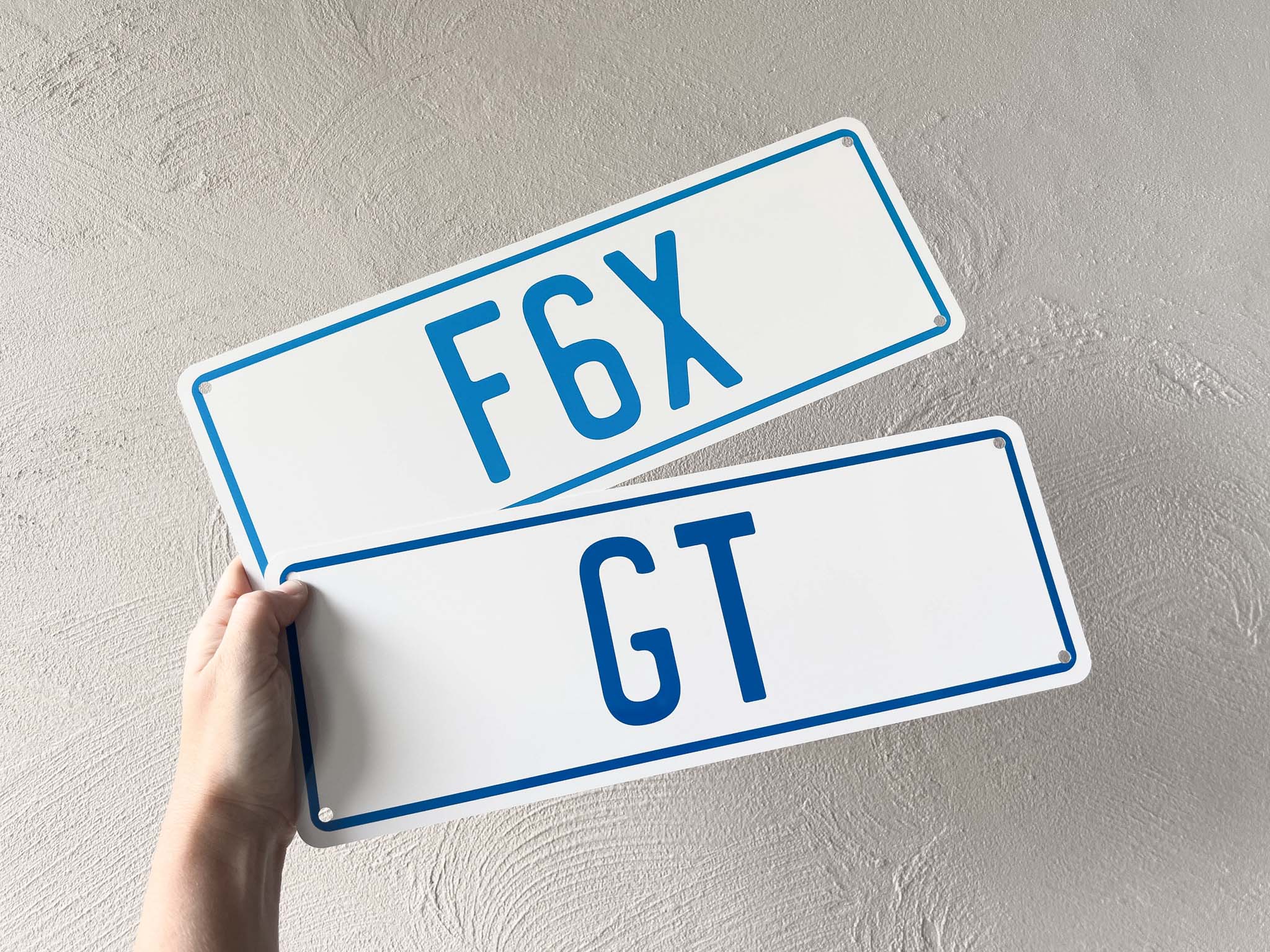 Two aluminium plates with 'F6X' and 'GT' text held against a light grey background.