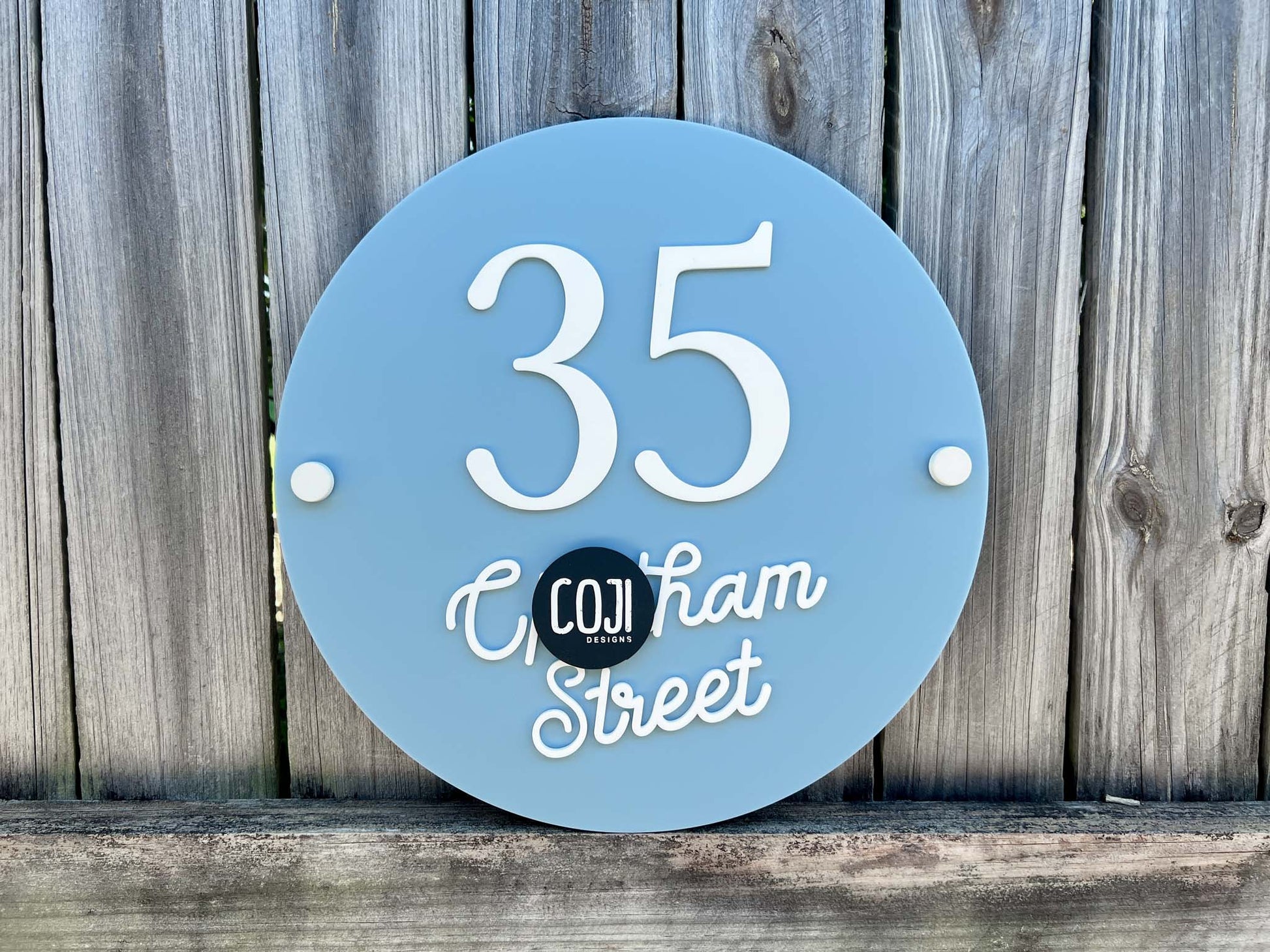 Personalised ocean blue and white custom made address sign with a 1950's American diner vibe.