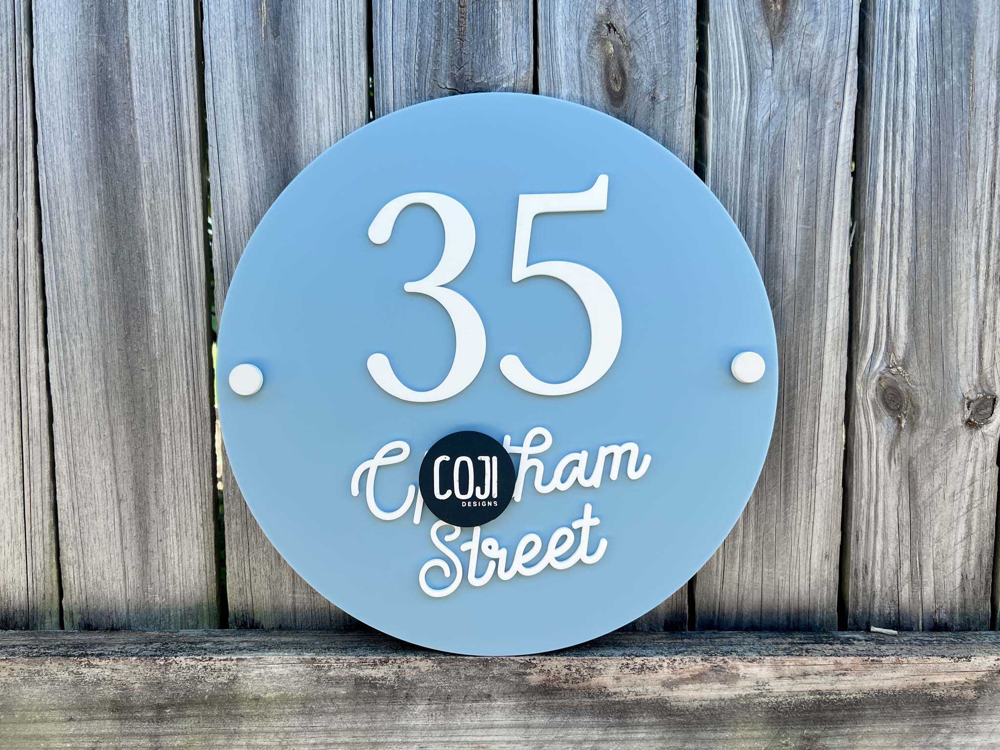 Personalised ocean blue and white custom made address sign with a 1950's American diner vibe.