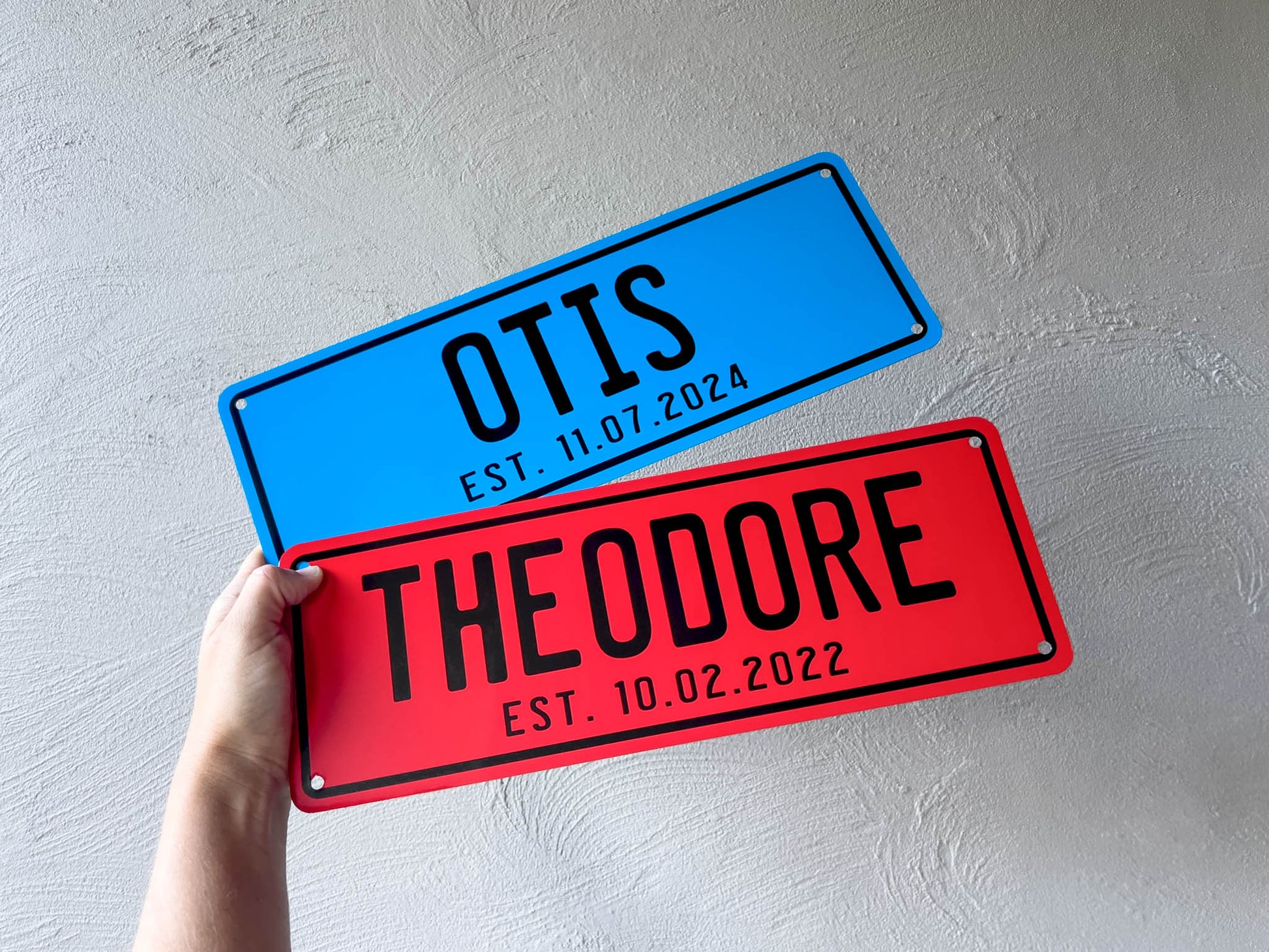 Two personalized name plates, one blue and one red, held against a light gray background.