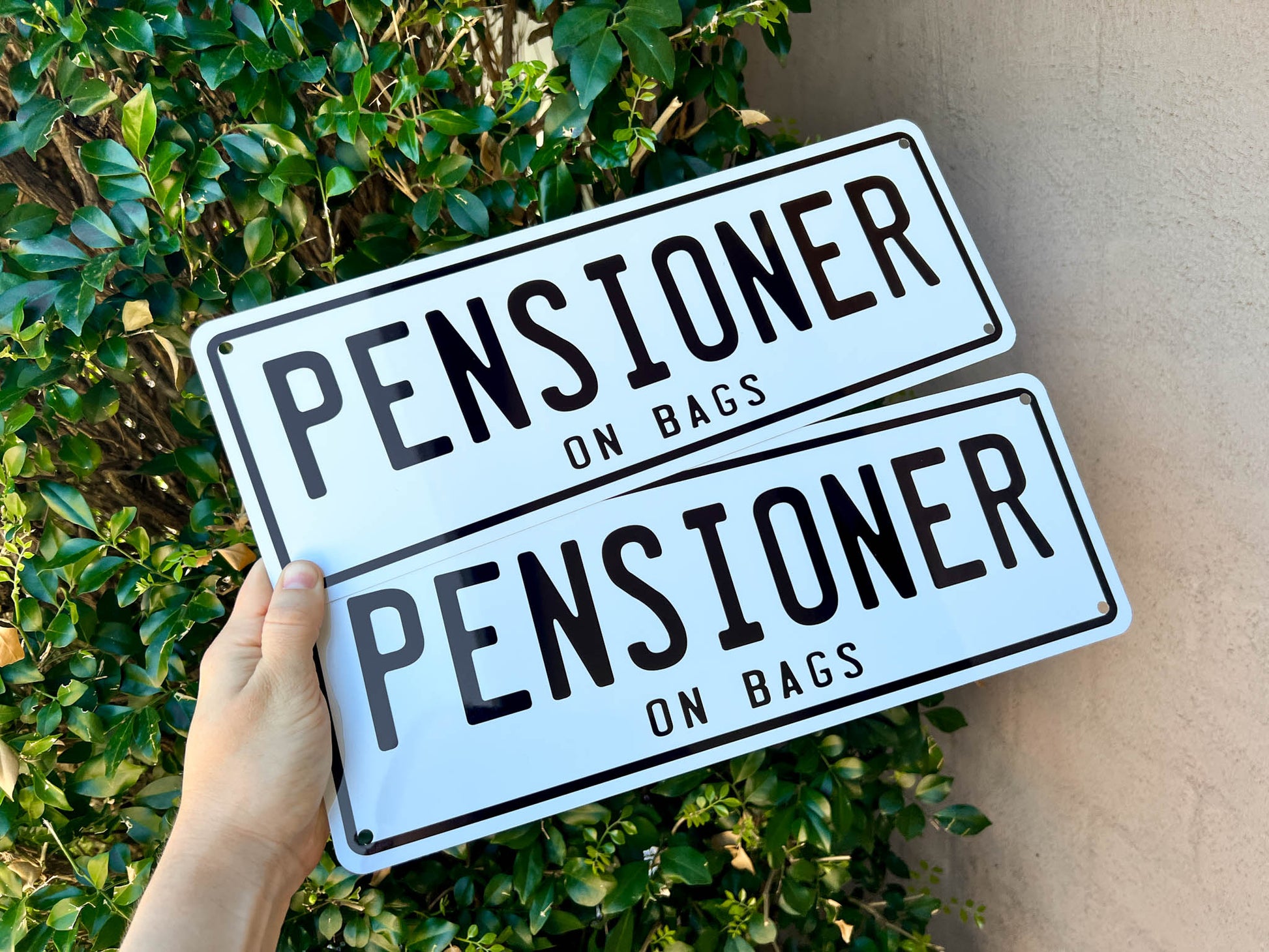 Two 'Pensioner on Bags' signs held by a hand against a green bush and beige wall.