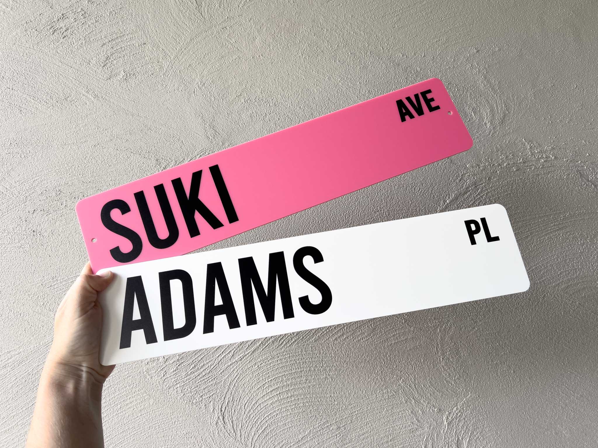 Two street name signs, one pink and one white, held against a light gray background.