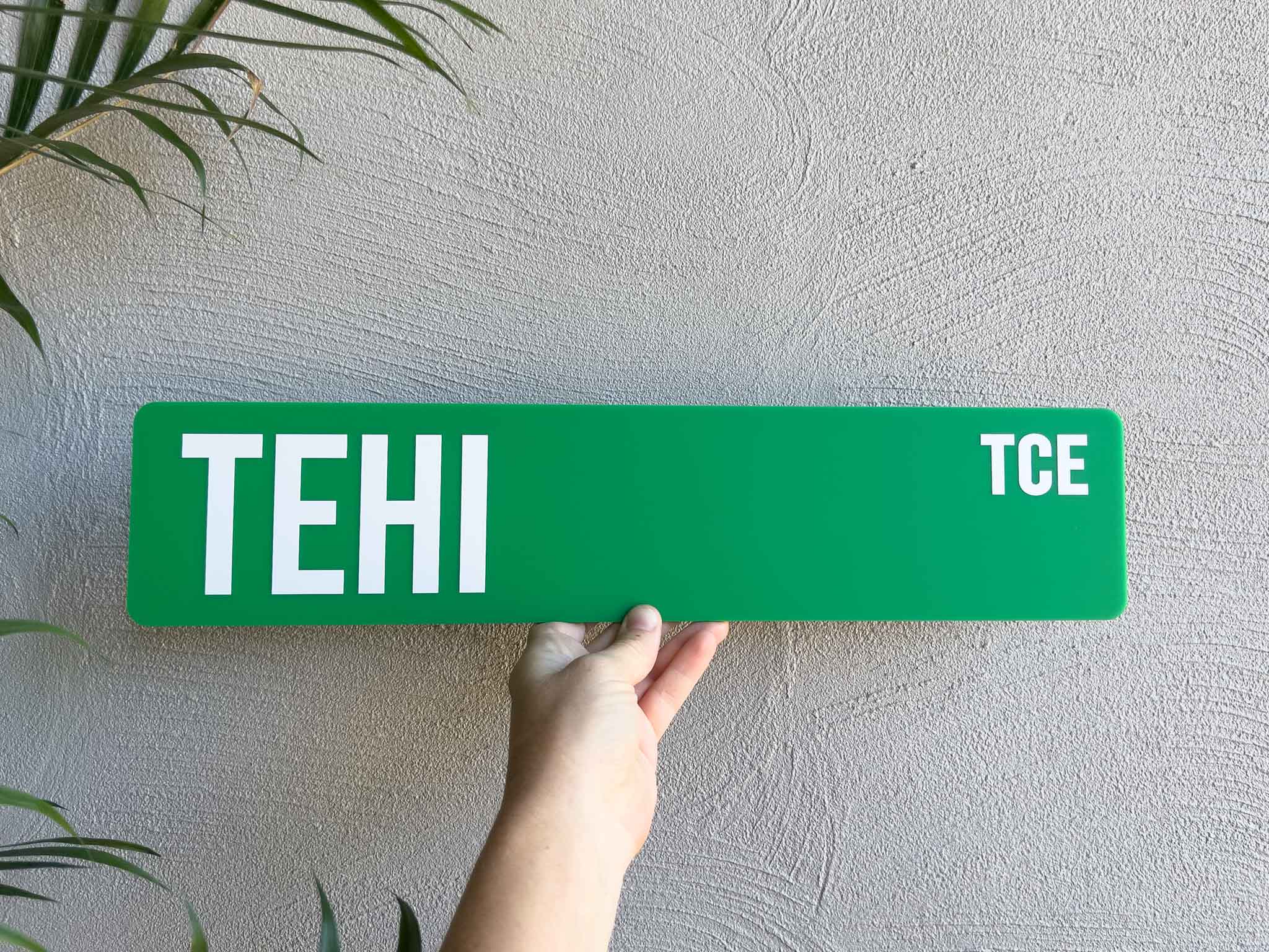 Hand holding a green sign with 'TEHI' and 'TCE' text against a light gray wall.