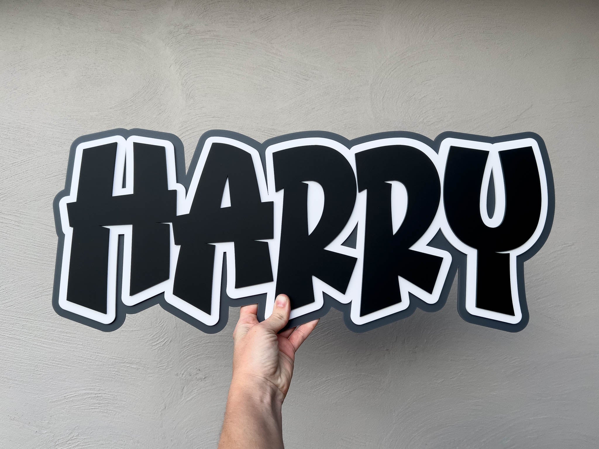 Large awesome funky retro name plaque in bold letters that reads 'HARRY' in black, white and grey.