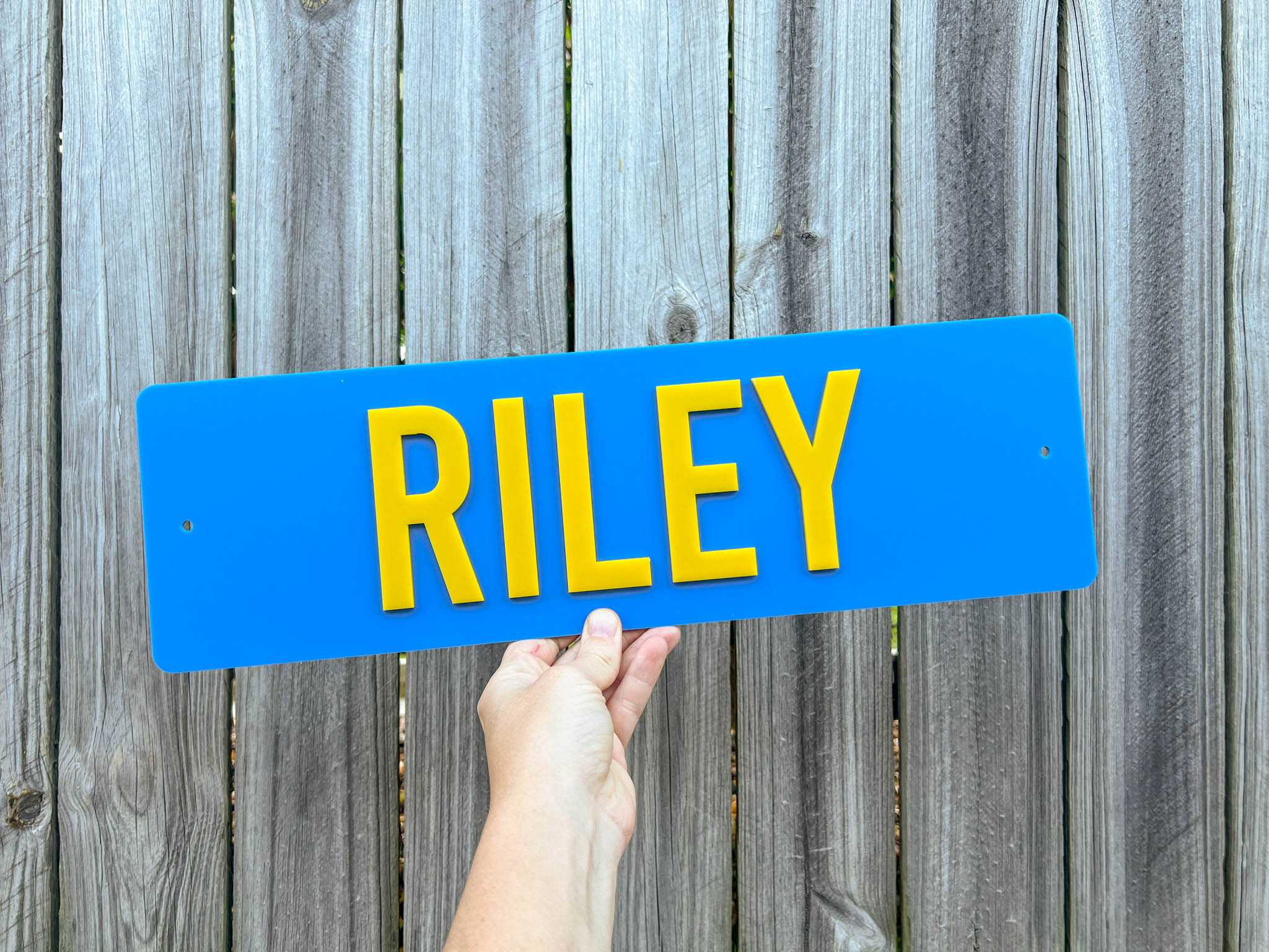 Hand holding a blue sign with 'RILEY' in yellow letters against a wooden fence background