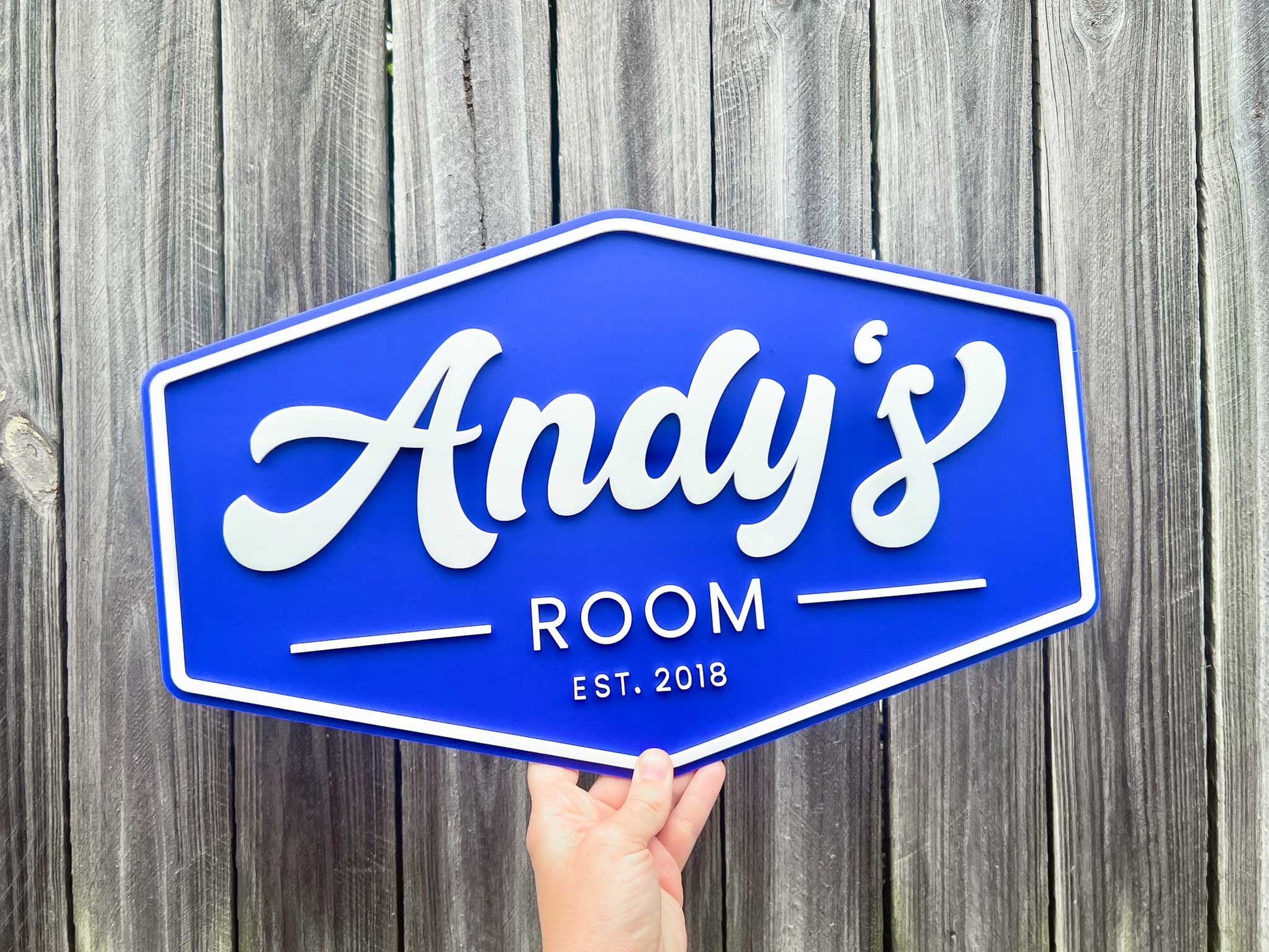 3D acrylic retro sign that says 'Andy's Room' in a coastal blue and white.