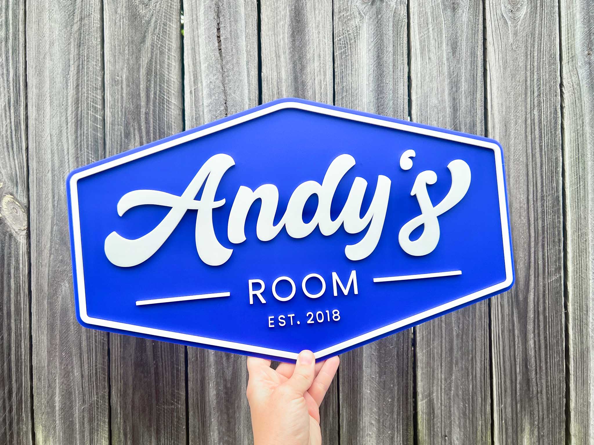3D acrylic retro sign that says 'Andy's Room' in a coastal blue and white.