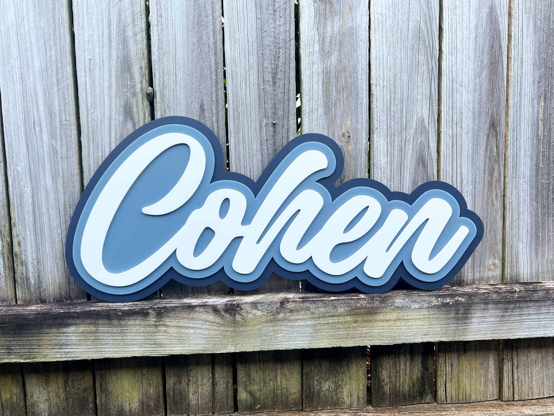 Wooden sign with the name 'Cohen' on a wooden background