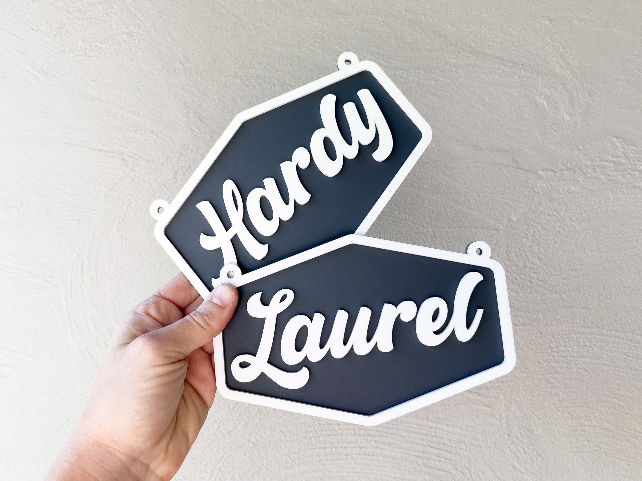 Two hexagonal signs with 'Hardy' and 'Laurel' text held against a light grey background | Coji Designs