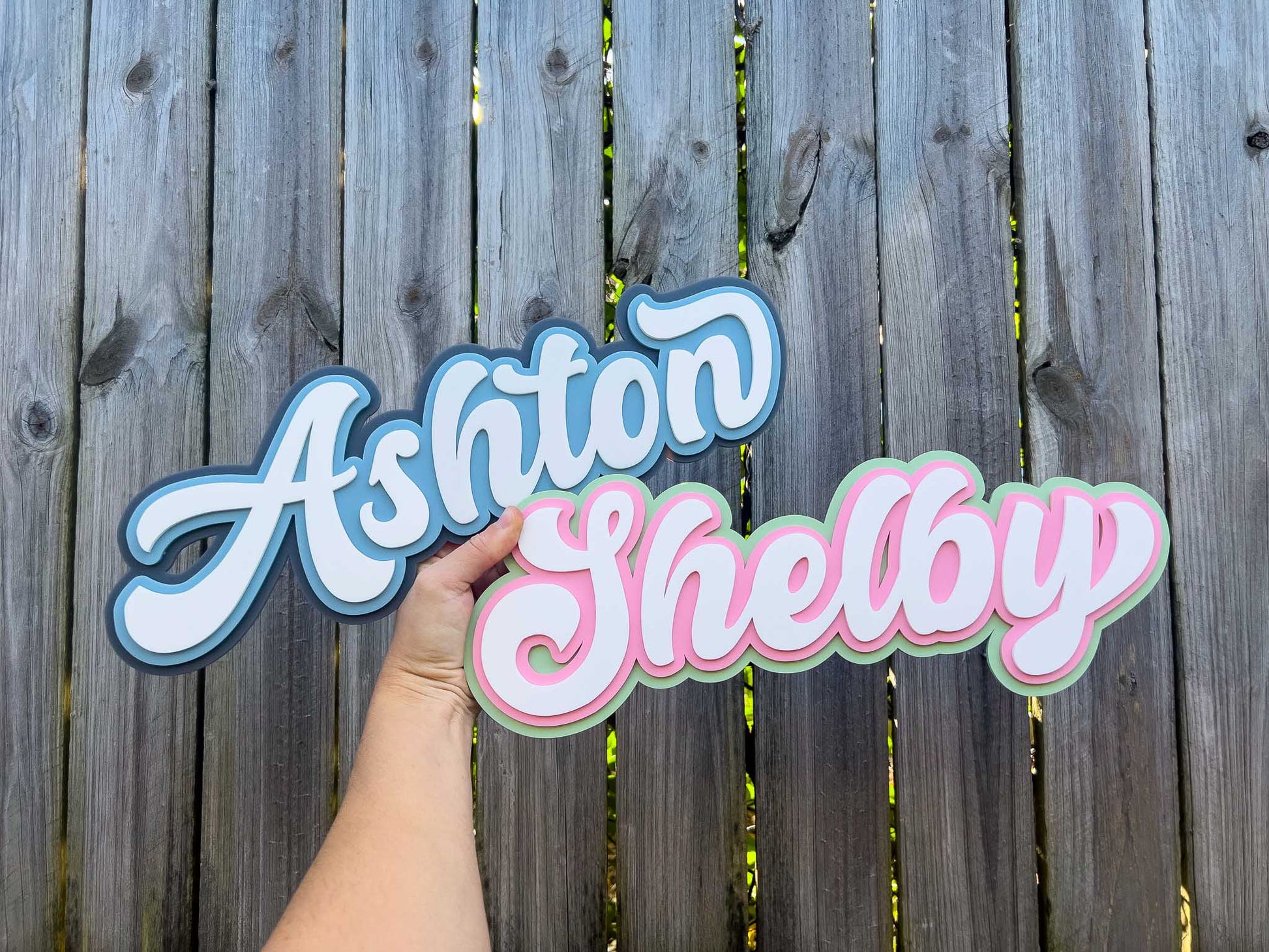 Iconic ice cream sundae style typography name signs that read 'Ashton' & 'Shelby'.