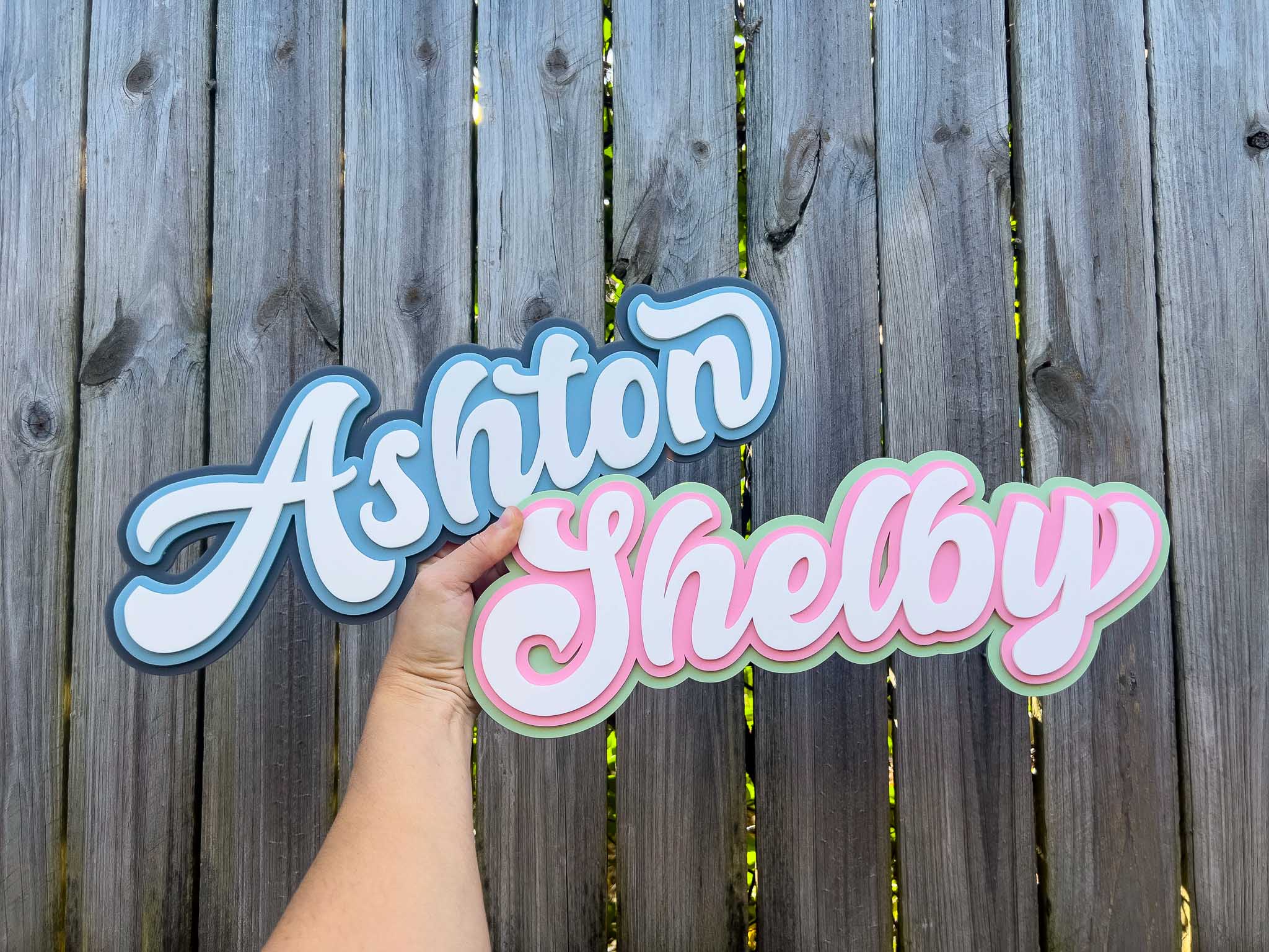 Iconic ice cream sundae style typography name signs that read 'Ashton' & 'Shelby'.