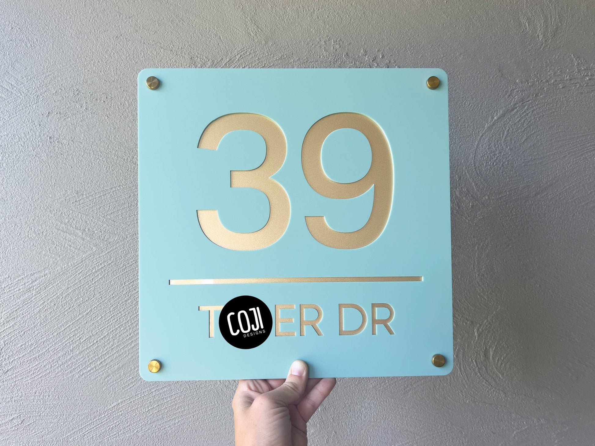 Stunning turquiose blue and metallic gold Michigan address sign with the number '39' laser cut in 3D lettering