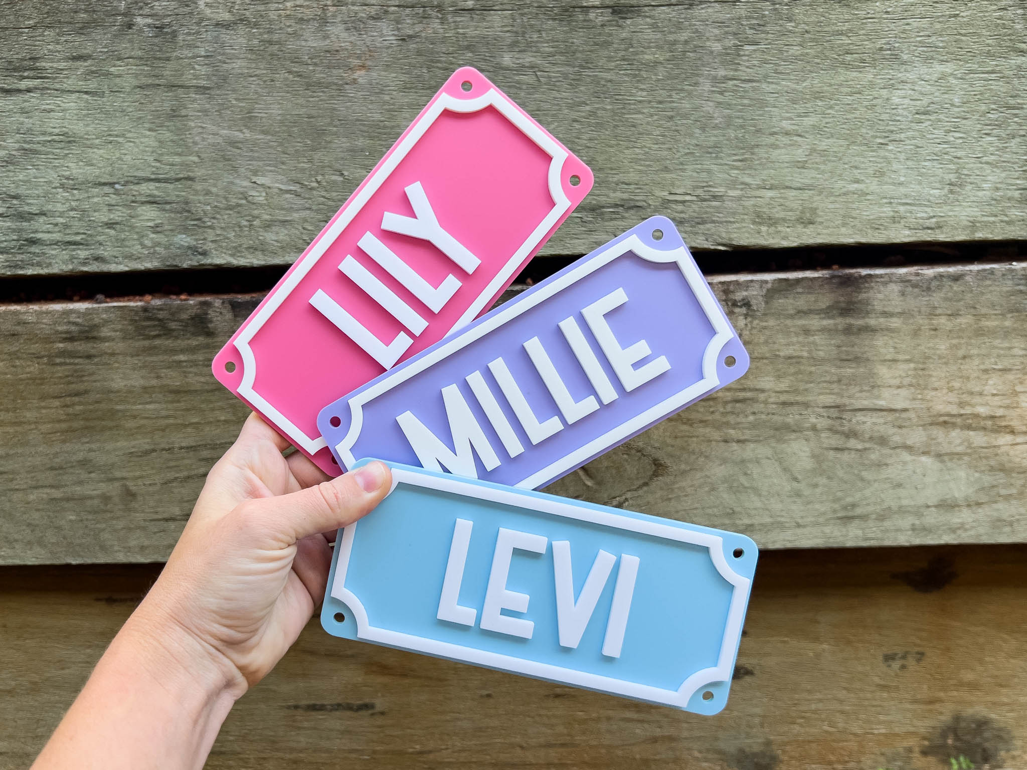 Three nameplates with names 'LILLY', 'MILLIE', and 'LEVI' held by a hand against a wooden background.