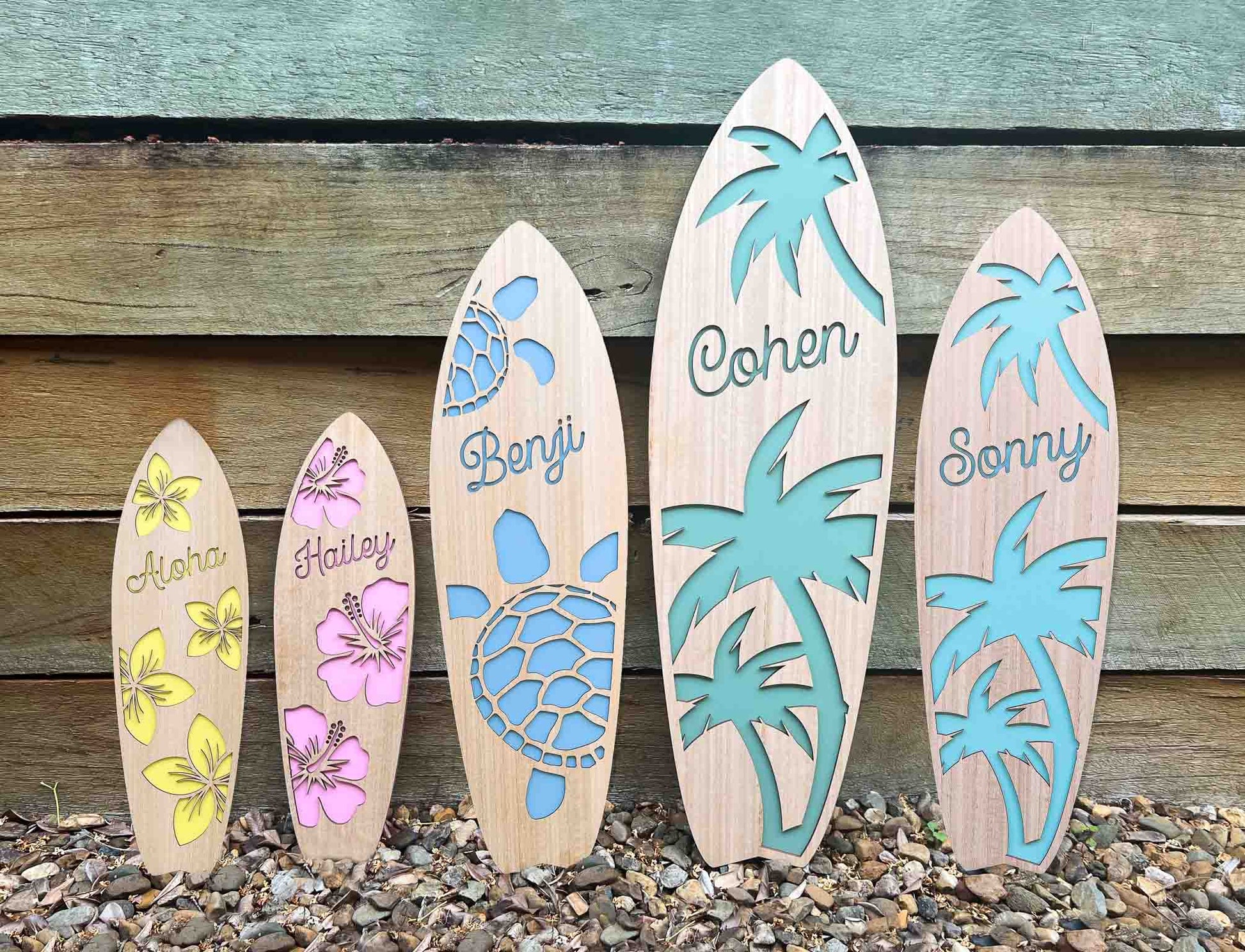 Oriana timber surfboard name plaque collection of designs - Sea turtle, frangipani, hibiscus and palm tree.