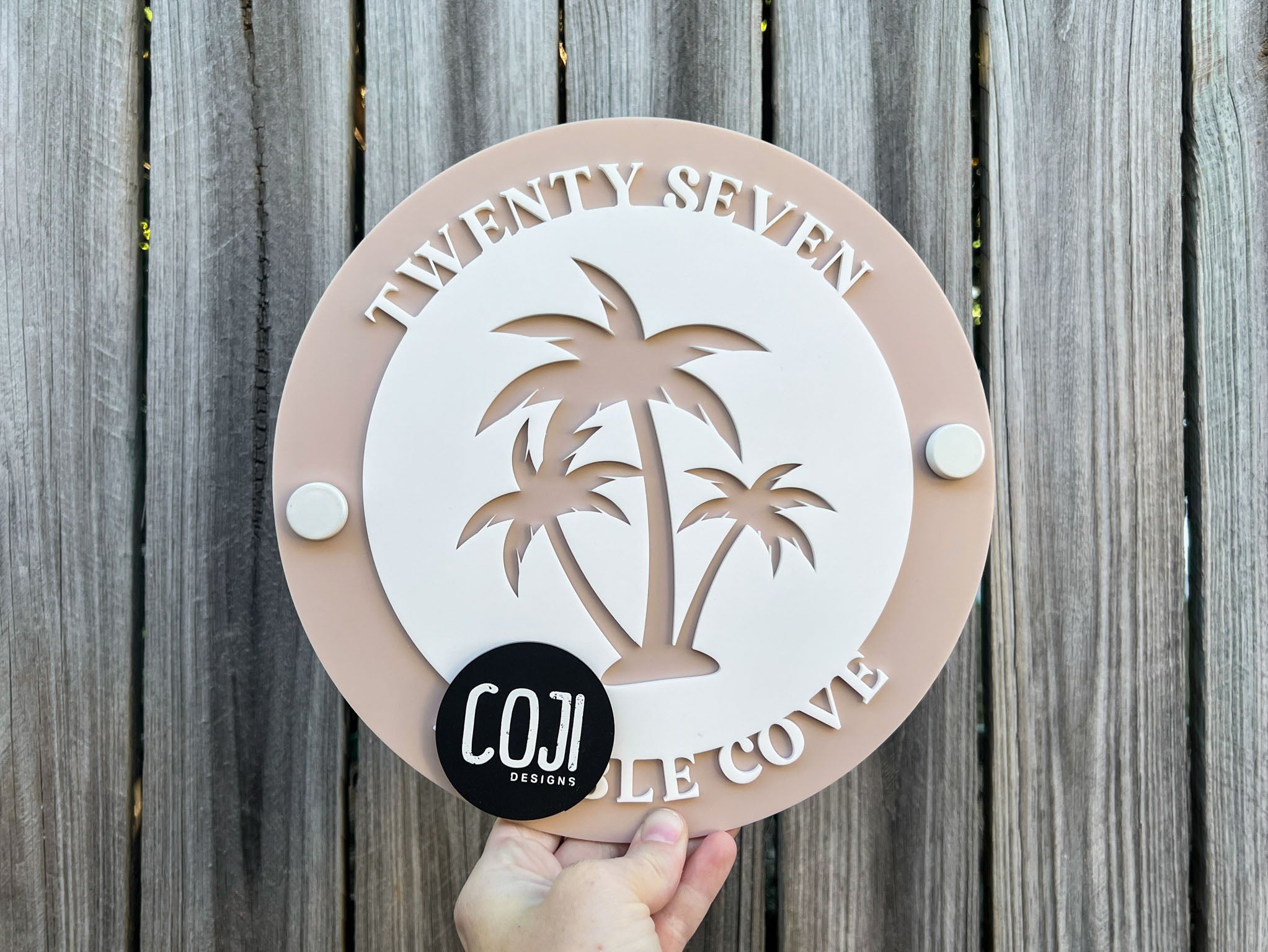 An earthy coconut brown and white oasis palm tree street address sign custom made in laser cut acrylic.