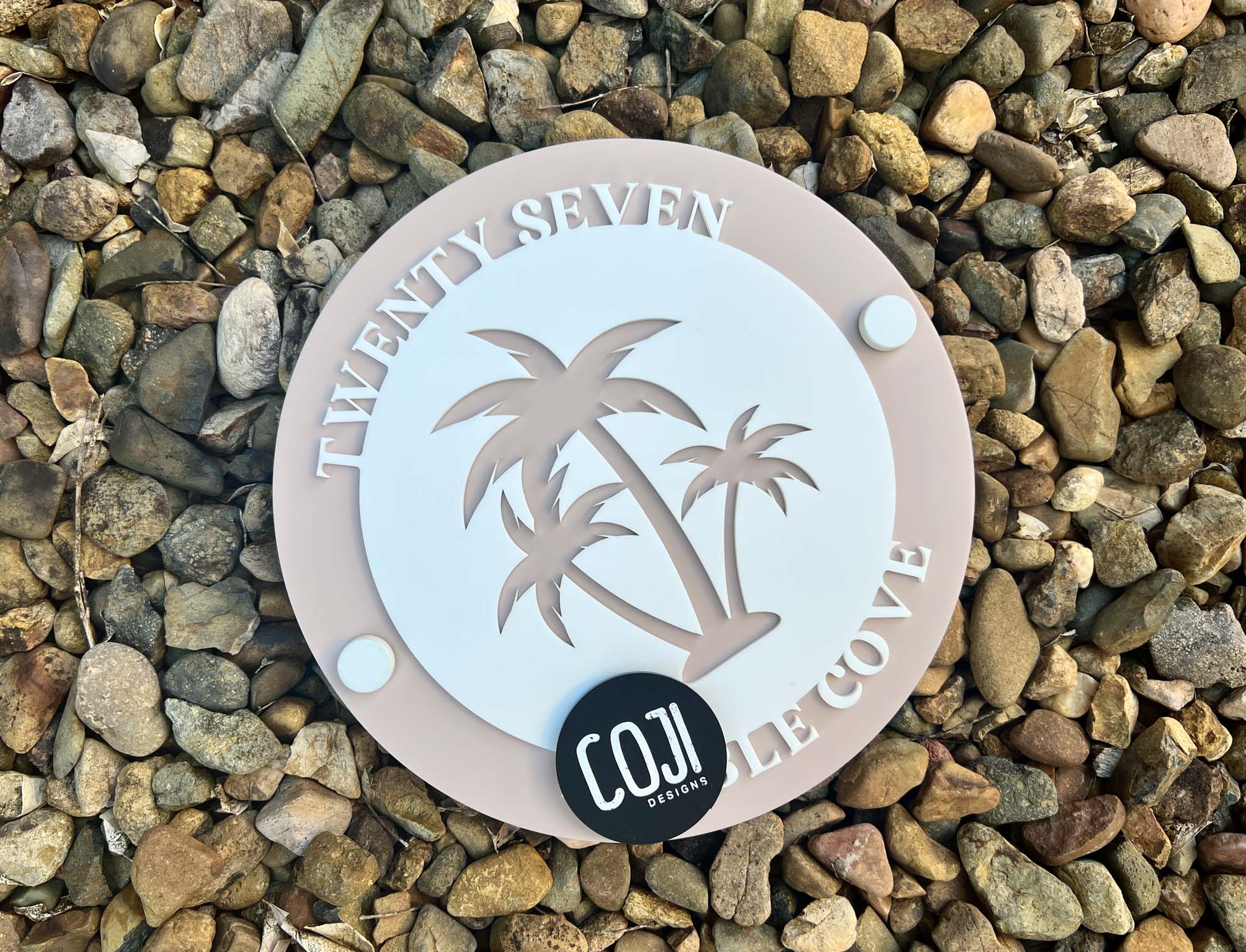 Simple round palm tree street house sign with a coconut beige colour with white 3D laser cut lettering.