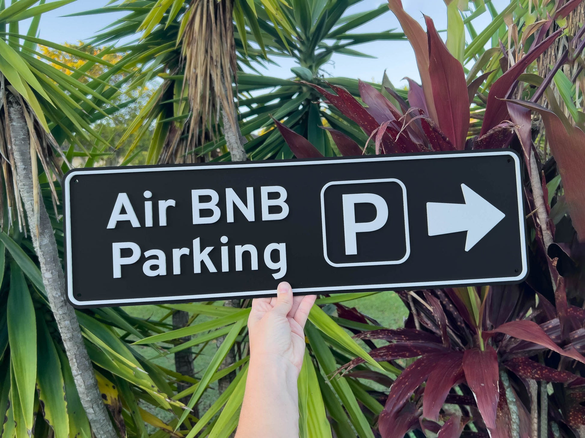 Hand holding a sign that reads 'Air BNB Parking' with a white arrow pointing right against a tropical background | Coji Designs