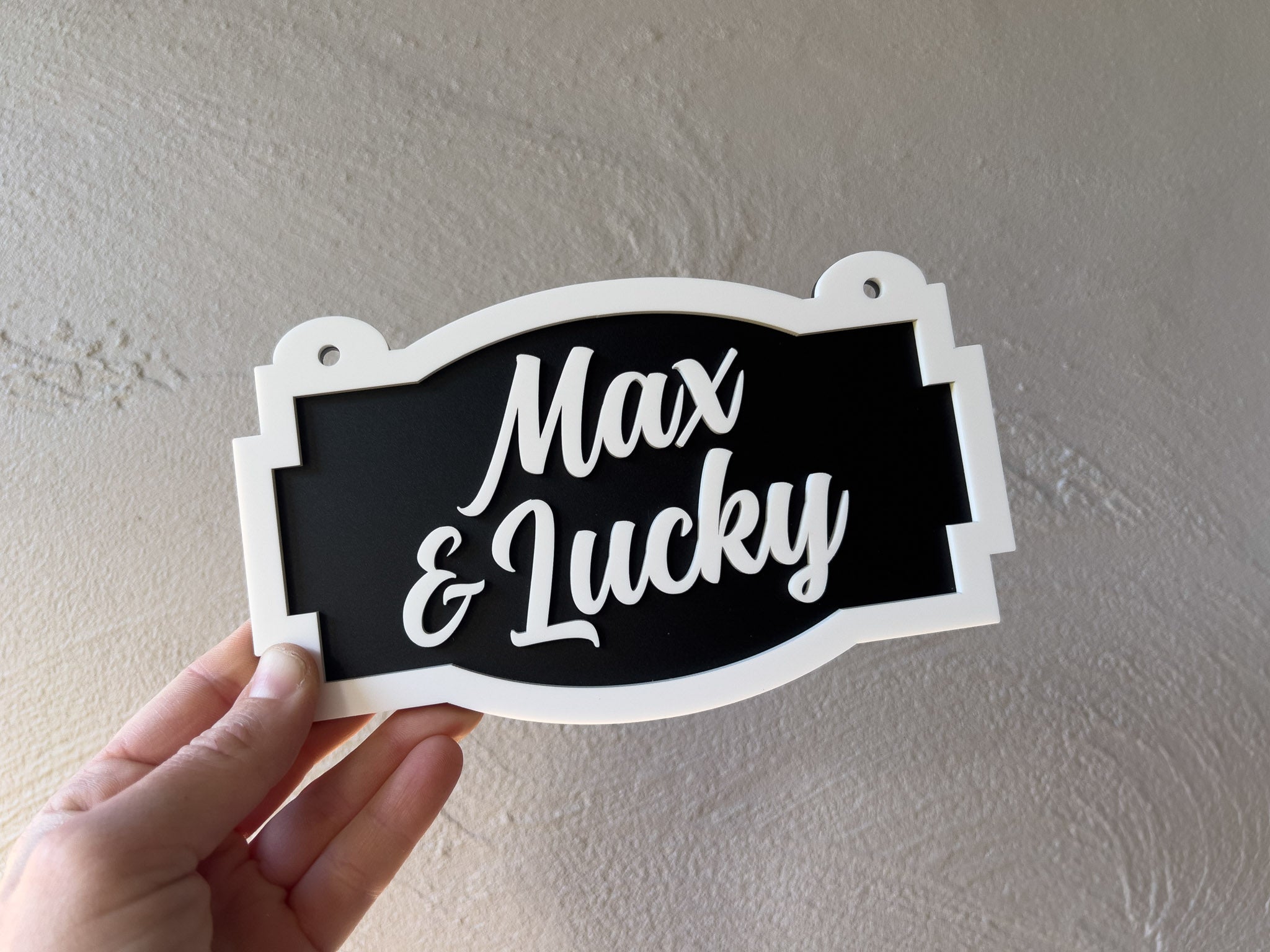 Hand holding a sign with 'Max & Lucky' text against a plain background | Coji Designs