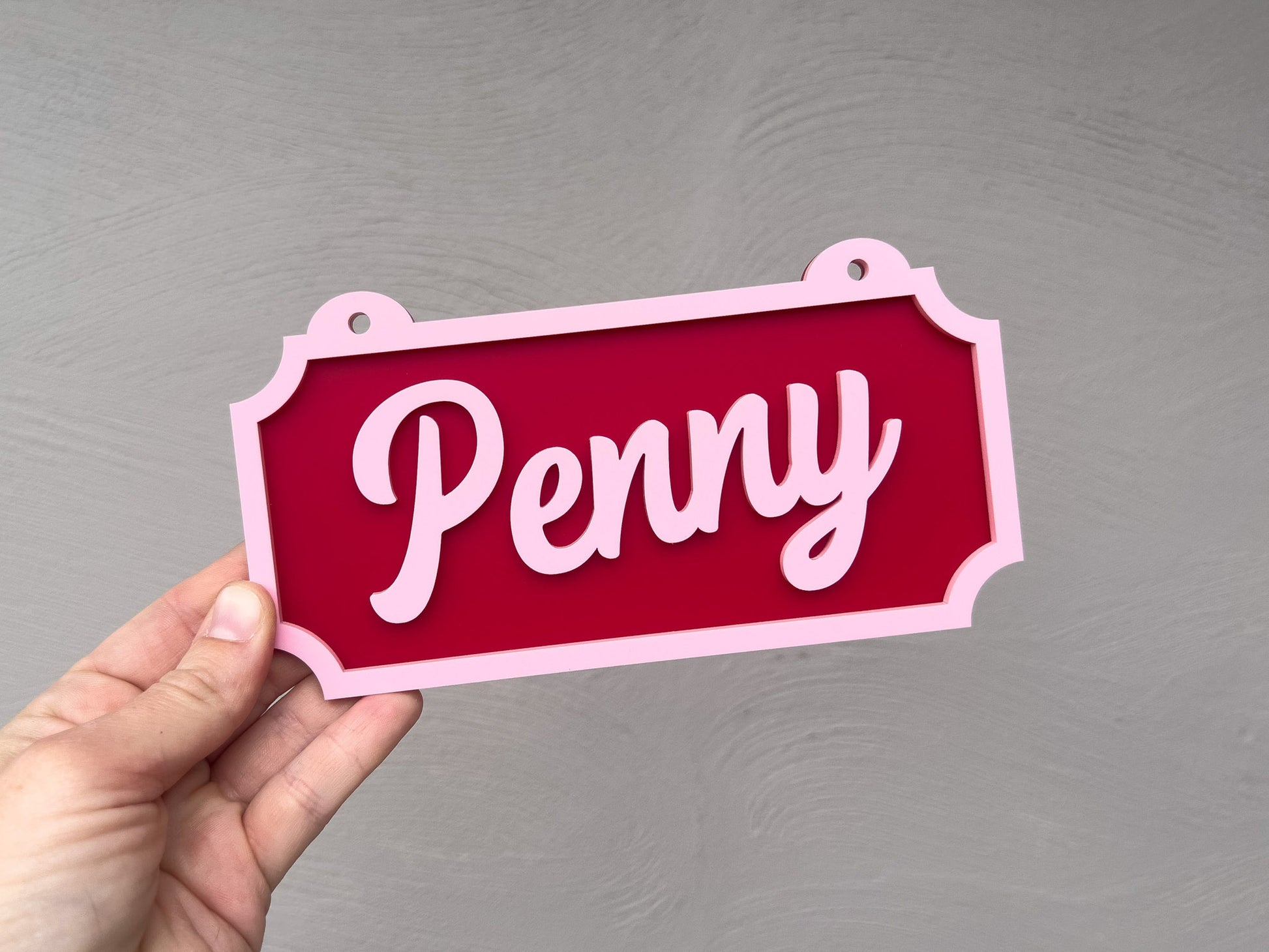 Hand holding a red sign with 'Penny' written on it against a grey background | Coji Designs