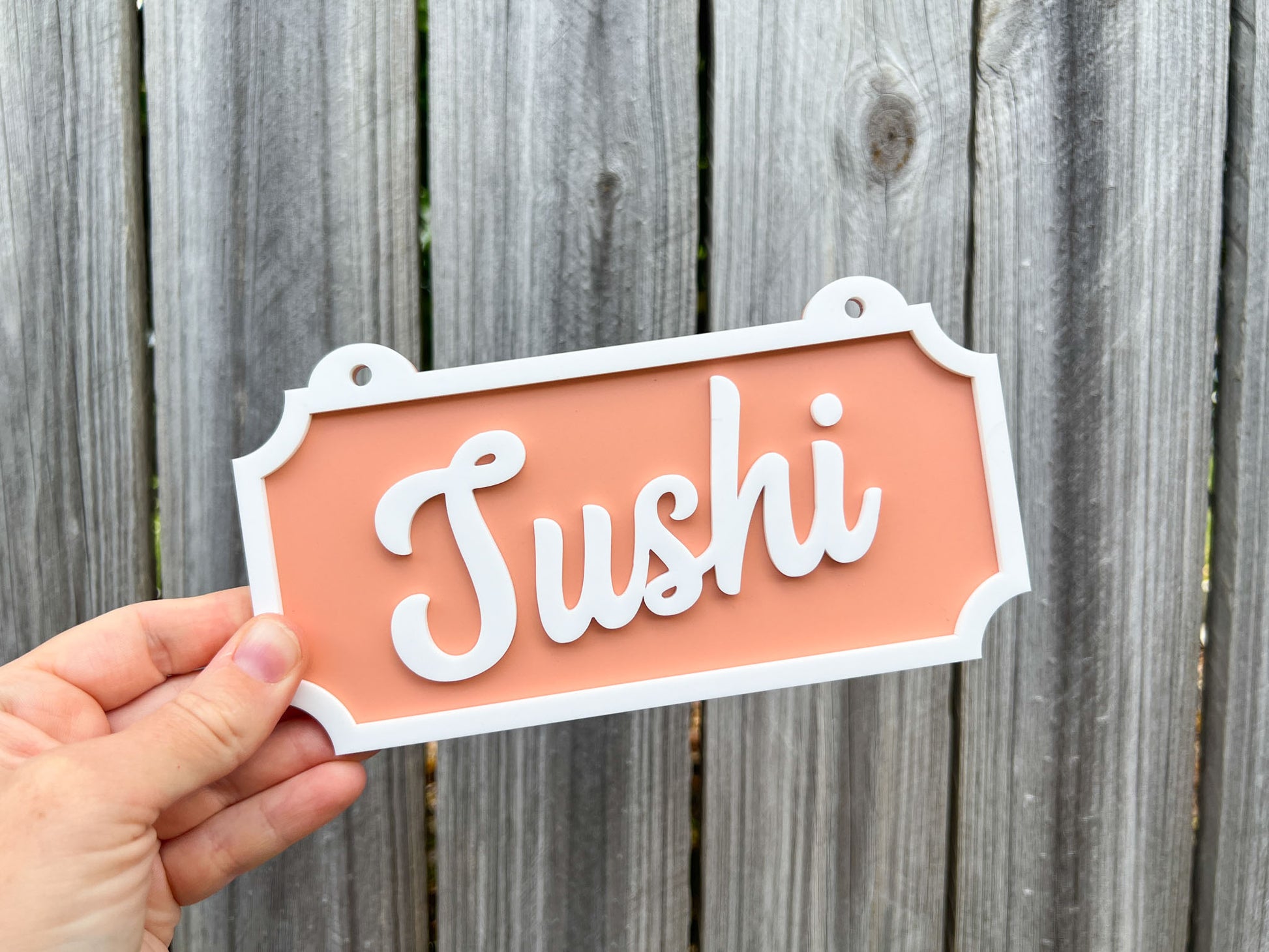 Hand holding a sign with 'Sushi' written on it against a wooden fence background | Coji Designs